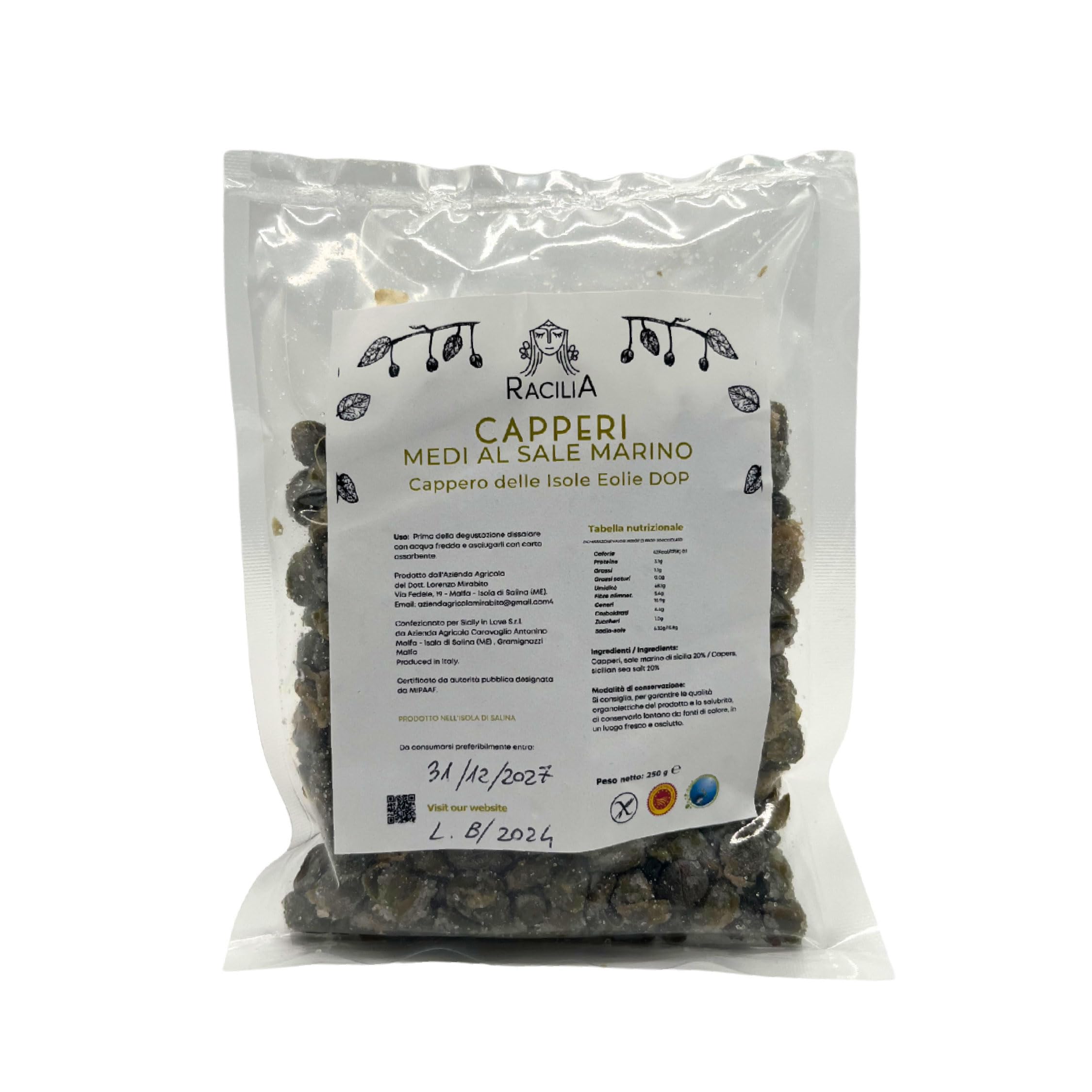 RACILIA Alcaparras Medianas Bajo Sal DOP Islas Eolias - Elaboración Artesanal Siciliana 100% Italianas - Sin Gluten - 1kg
