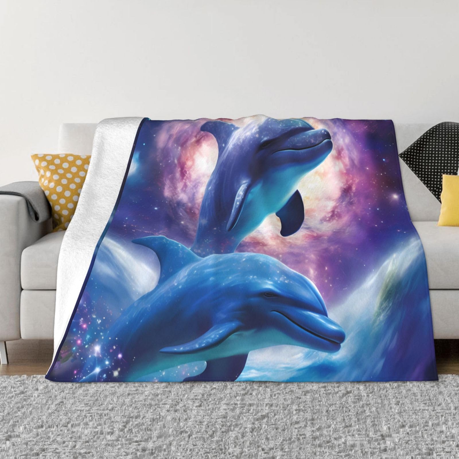 Couverture en flanelle dauphins galaxie idéale pour le camping et canapé