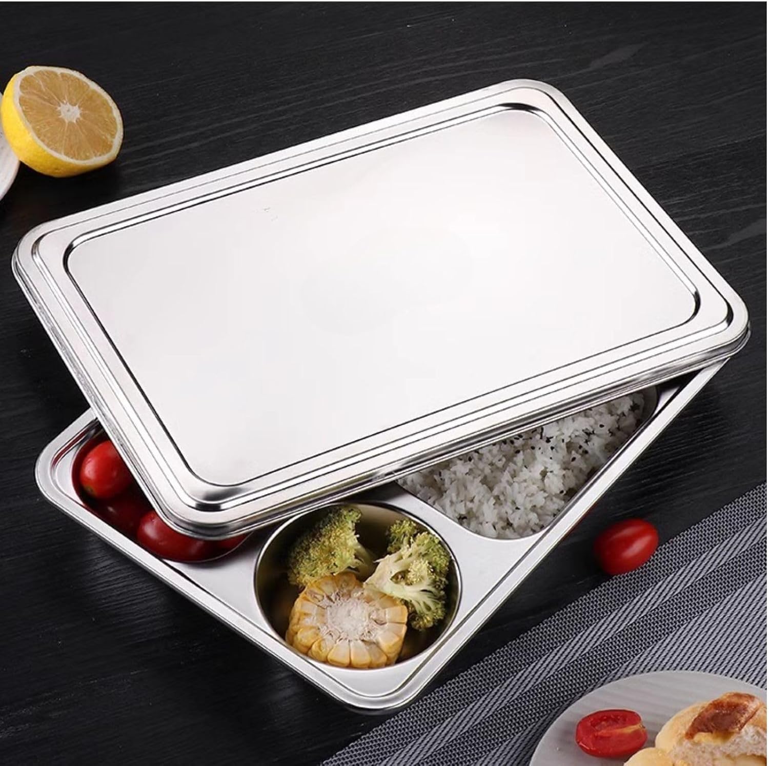 Stainless Steel Divided Plates with Lids Set of 5,Stainless Steel Divided Dinner Tray 4 Sections Deep Metal Plate for Picky Eaters, Campers, and Portion Control