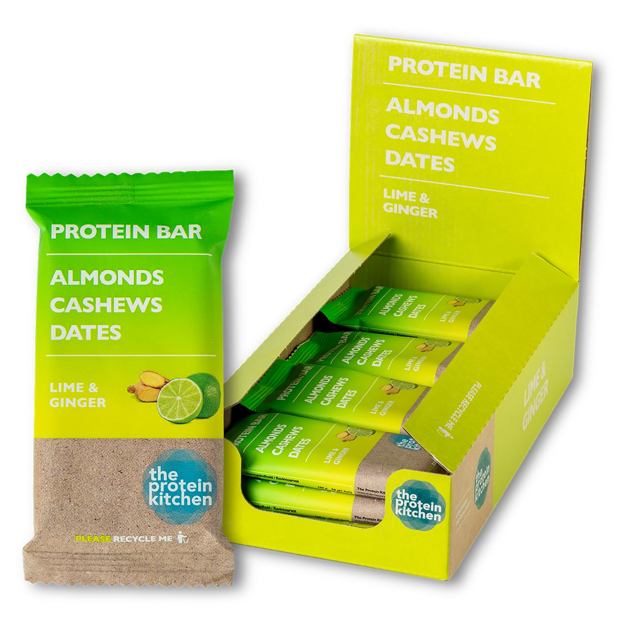 *NEW* The Protein Kitchen | Natural Protein Bar 12 x 50 g | Lime & Ginger 50 g | No Added Sugar and No Additives | 439136