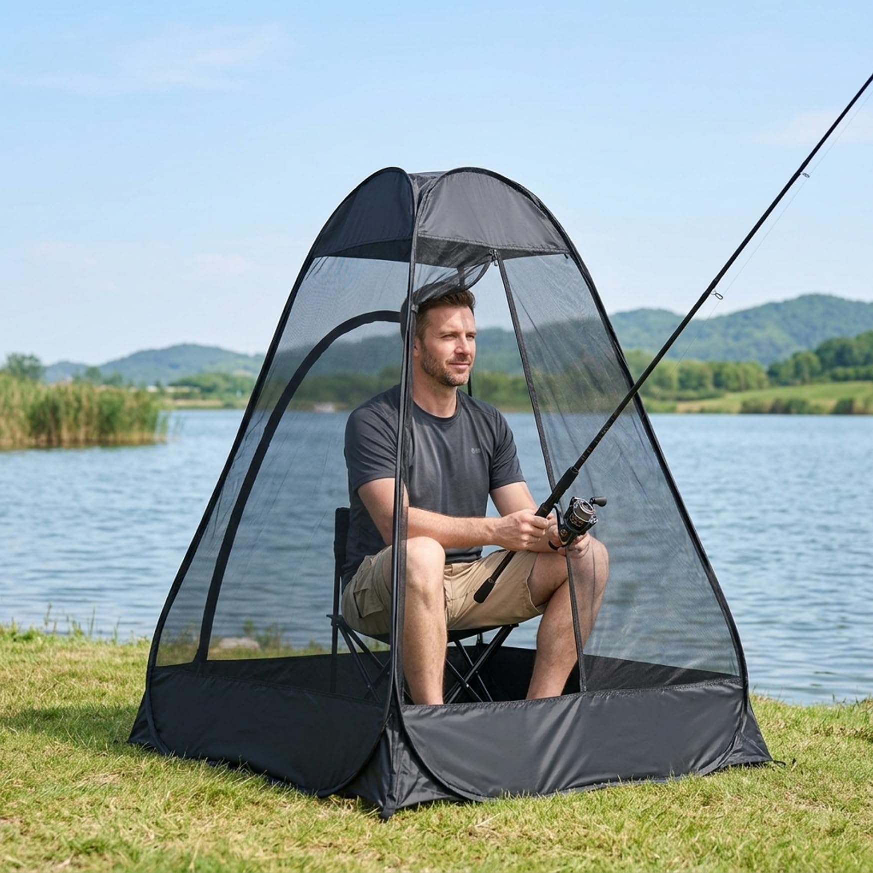 Schwarzes Mesh-Stuhlzelt für Camping und Angeln mit wasserdichtem Dach – tragbares Netzzelt für eine Person mit einfacher Reißverschlusstür für den Außenbereich Sport & Freizeit
