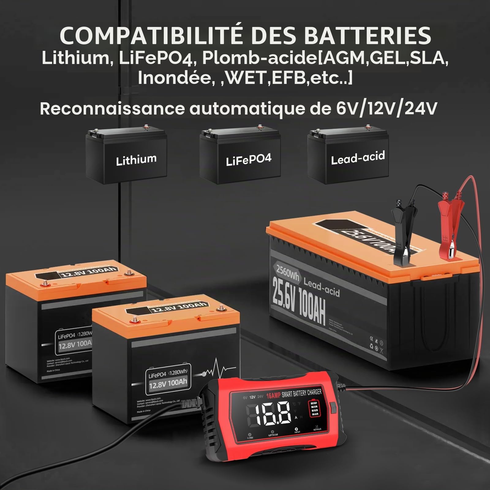 Chargeur de batterie de 16 A, chargeur de batterie de voiture au lithium LiFePO4 12 V 24 V au plomb – Chargeur de batterie intelligent à 10 étapes avec compensation de température pour voiture, camion