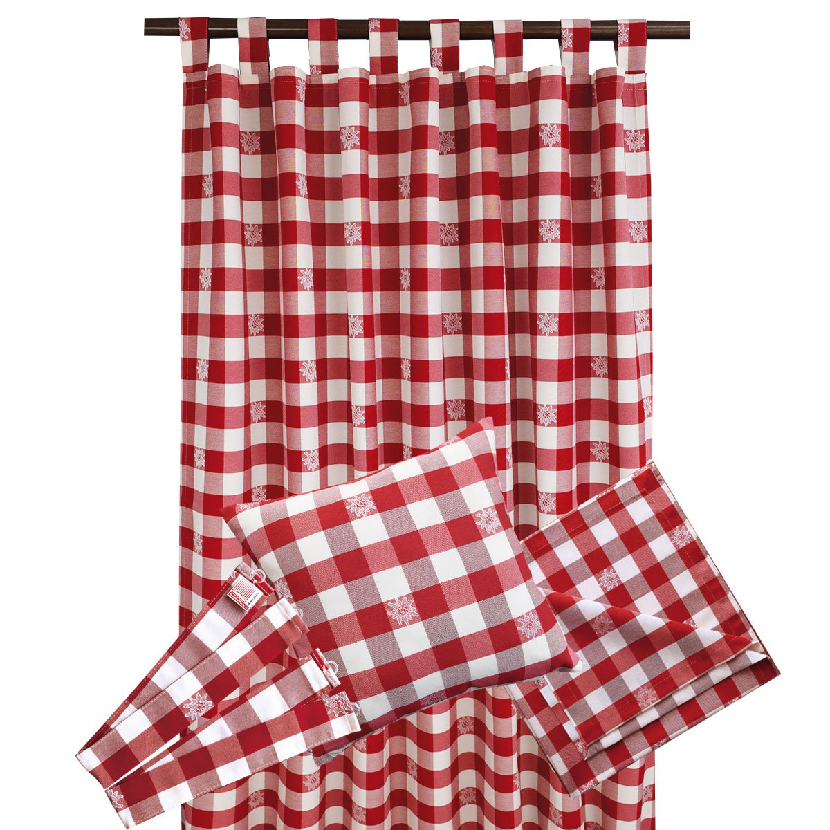 Schlaufen-Dekoschal Karo mit Edelweiß Rot | Landhaus-Vorhang rot-weiß kariert 8 Schlaufen hochwertige Webware | Übergardine für Küche, Esszimmer, Gästewohnung, Kaminzimmer Höhe x Breite 145 x 130 cm