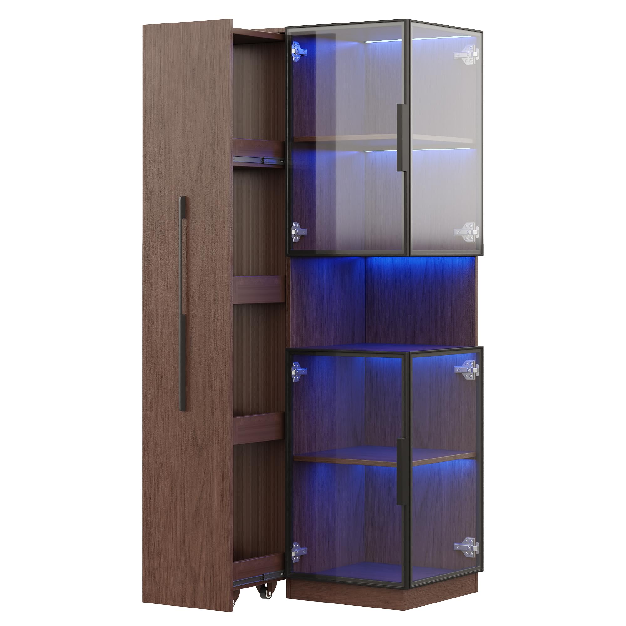Armario de vitrina de 70 x 38 x 160 cm con estante extraíble, doble cristal, armario de madera MDF de nogal, almacenamiento, armario alto multifuncional para salón, comedor, cocina, color