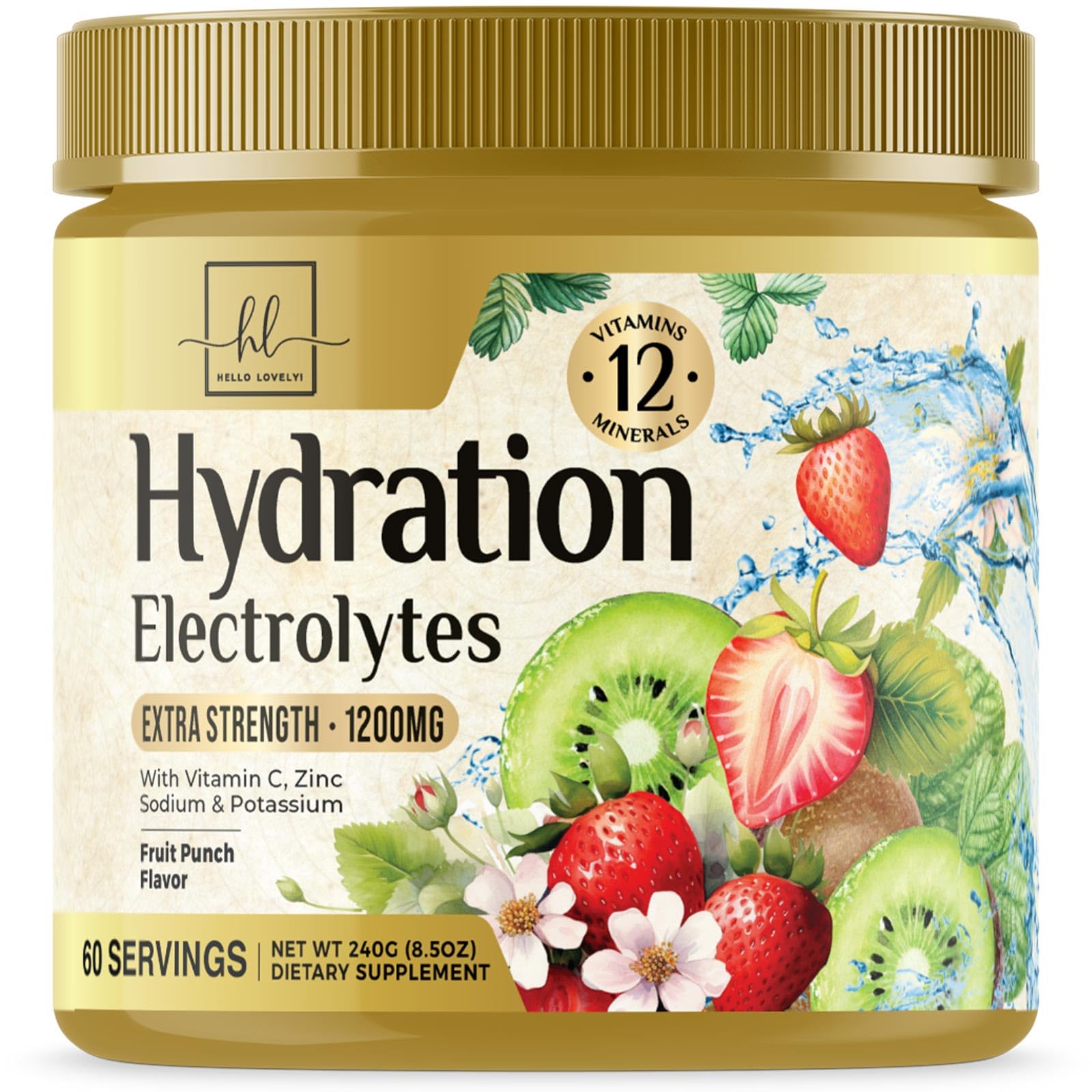 Hydration Electrolyte Drink Mix – Rapid Hydration Powder with 6 Electrolytes & Minerals Daily Replenisher Zero Sugar, Keto, Vegan, Non-GMO & Sugar-Free Electrolyte Powder Tub - 60 Servings
