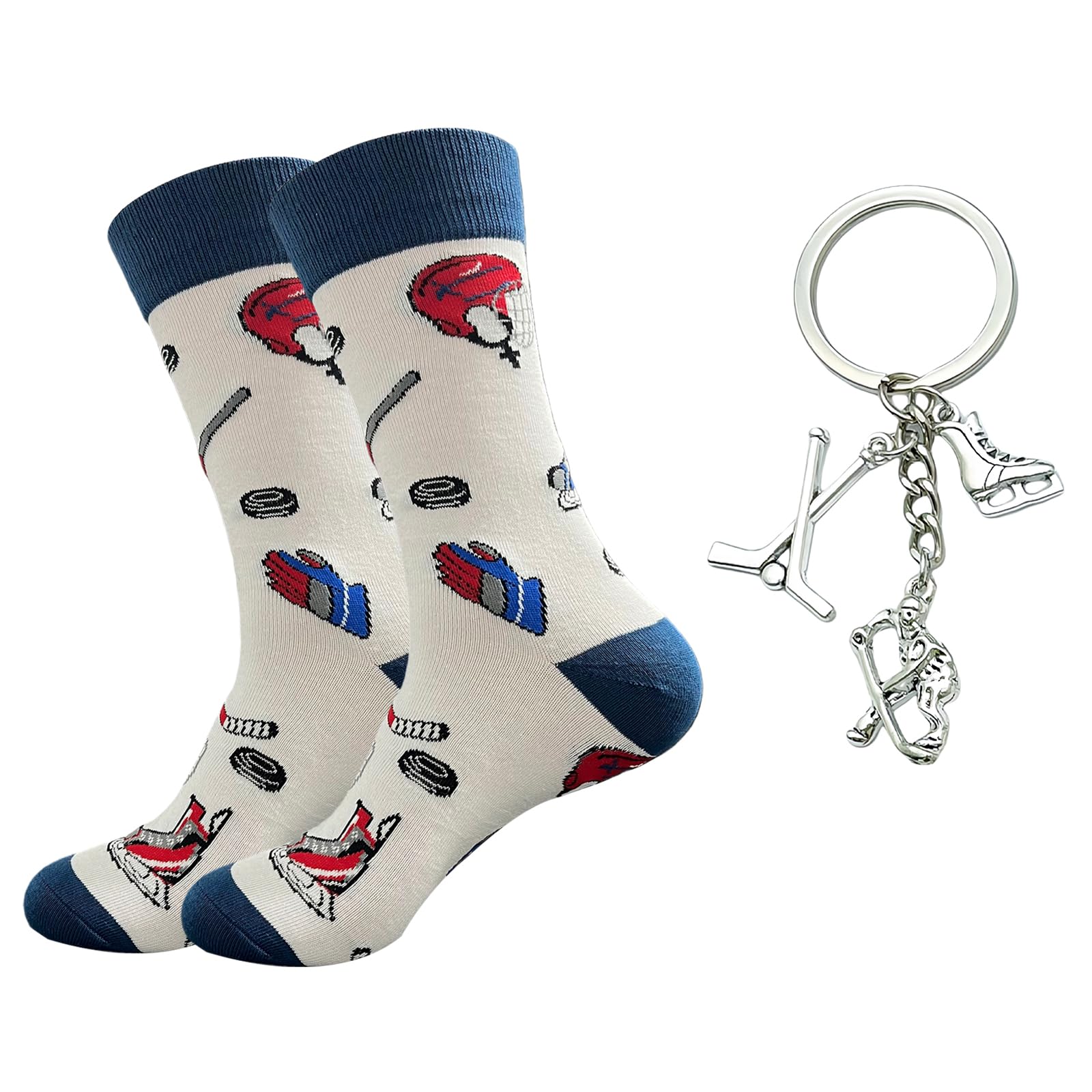 Set regalo per hockey su ghiaccio – divertenti calzini da hockey su ghiaccio da uomo con portachiavi, calzini da hockey su ghiaccio, regalo perfetto per giocatori e fan a Natale