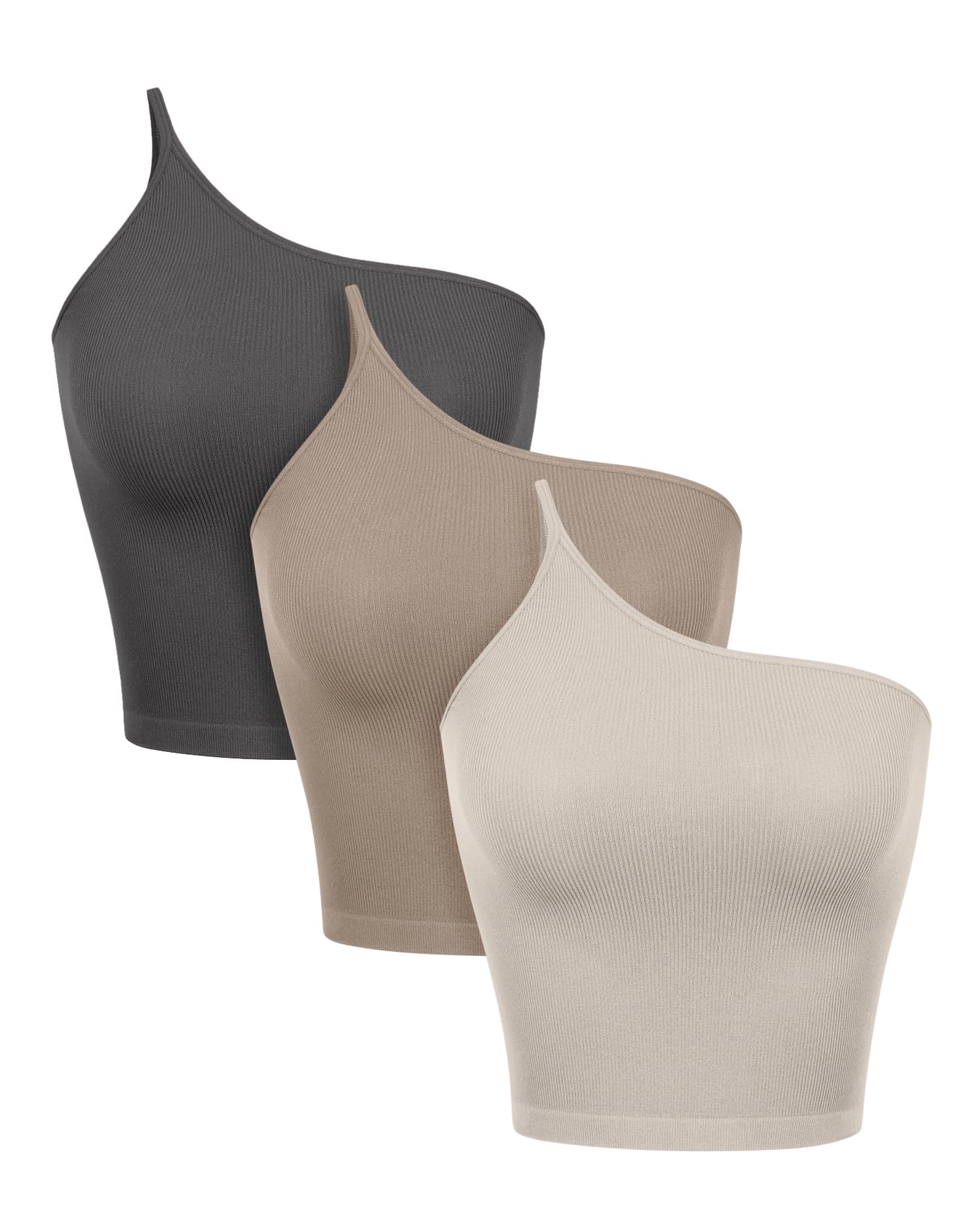 ODODOS3-Pack One Shoulder Crop Cami Tank for Women Seamless Ribbed Asymmetric Cropped Tops