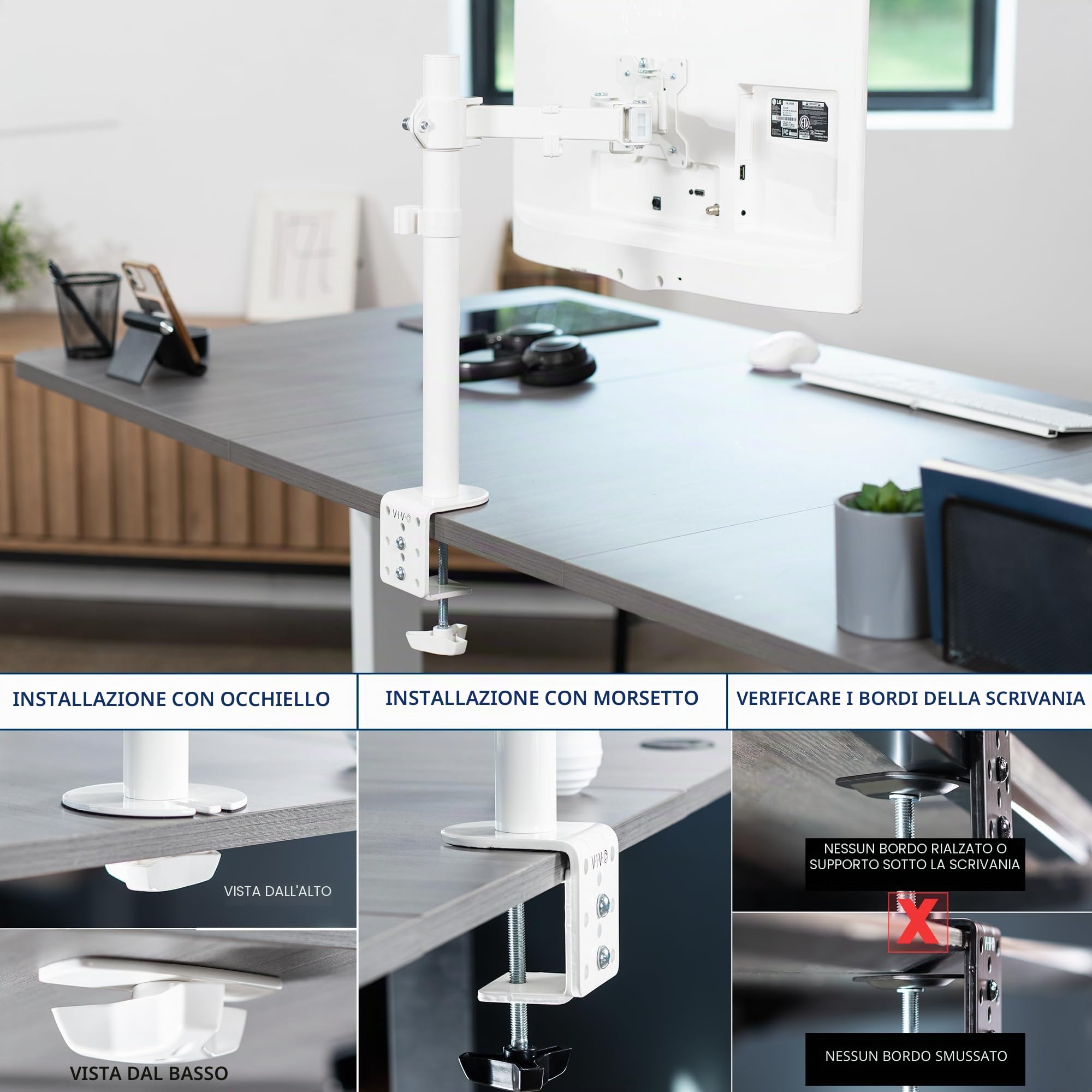 VIVO STAND-V001W - Supporto da scrivania con braccio singolo per monitor, supporta schermi fino a 32" regolari e 38" ultrawide, supporto completamente regolabile con morsetto a C e base con passacavo,