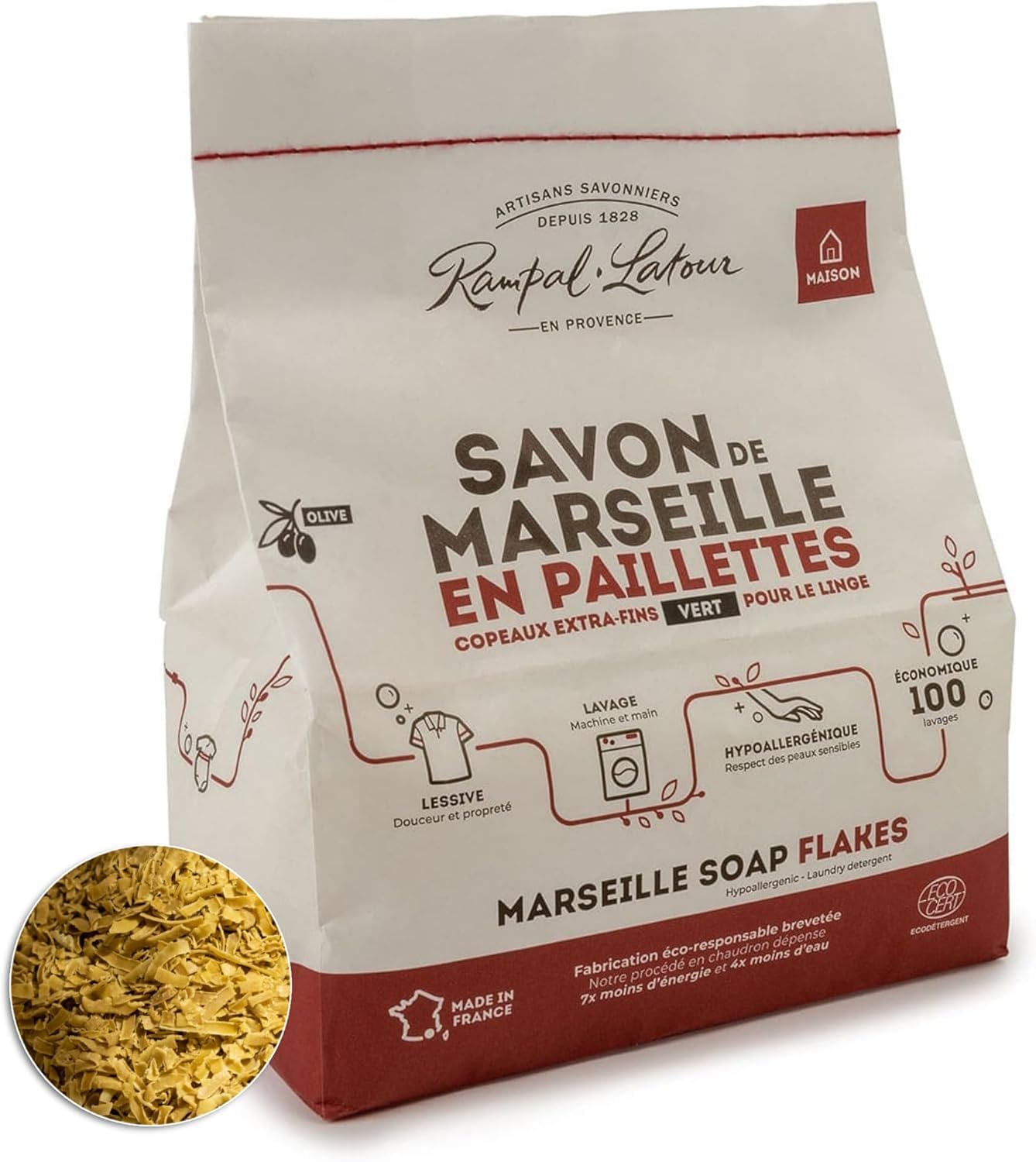 Rampal Latour - Puro sapone in scaglie per il bucato - 1,5Kg (Senza profumi - Olio d'oliva)