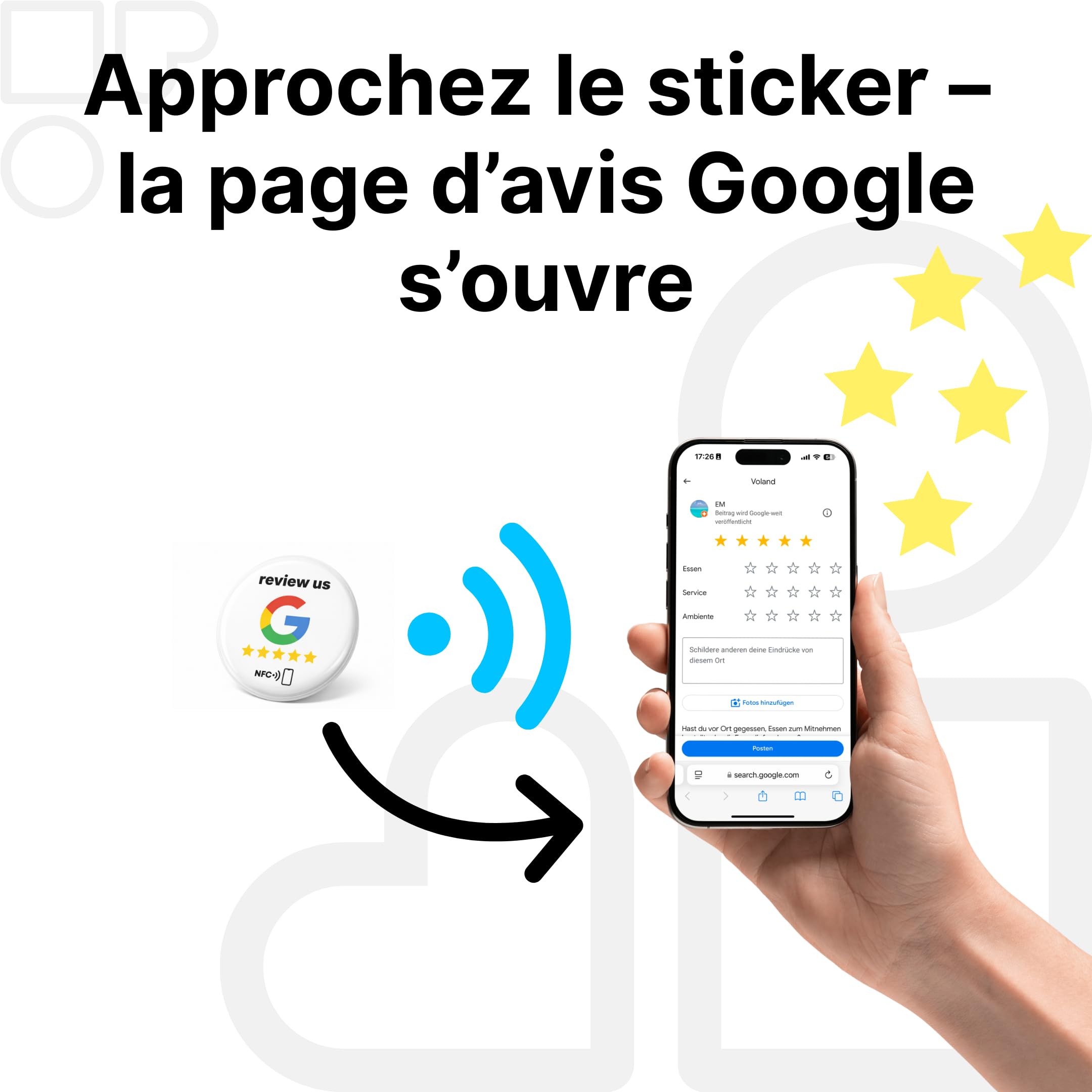 Lot de 2 autocollants Google NFC « Review us » sur Google NFC - 3 cm de diamètre - Collect plus de reviews instantanément avec un seul bouton - Auto-programmable et réutilisable - Parfait pour les