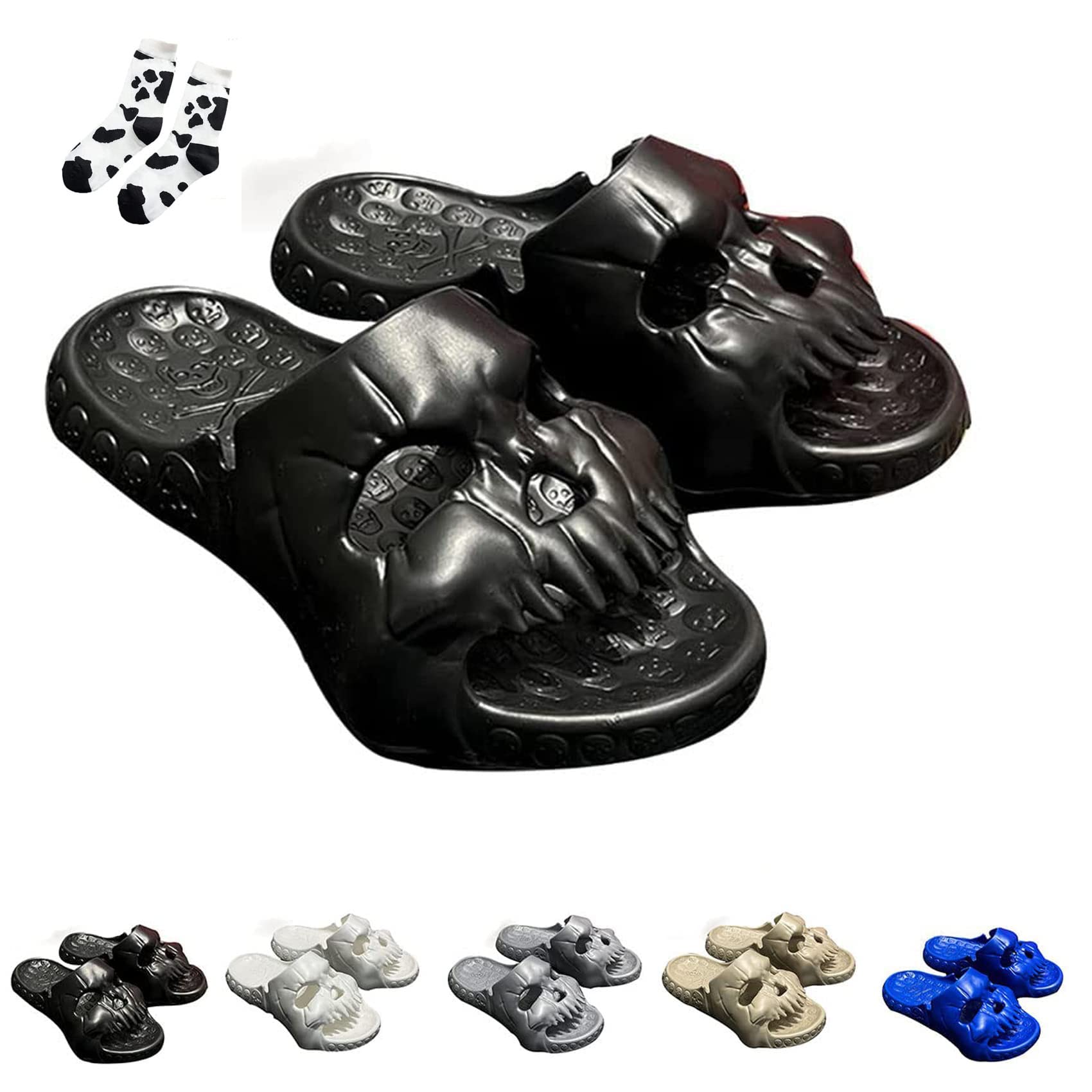 Skull Design Single Band Slides, Unique Pillow Slippers for Women and Men, Non Slip Quick Drying Cloud Slippers