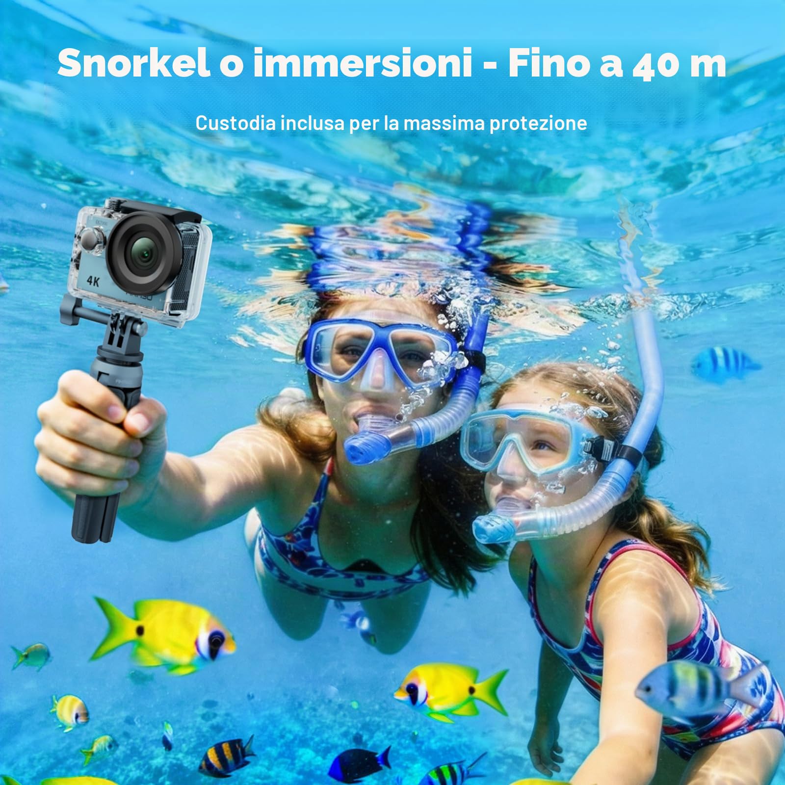 AKASO EK7000 Action Cam 4K 30FPS, WiFi 20MP Fotocamera Subacquea 30M, Videocamera Stabilizzata Caricabatterie con 2 Batterie Angolo di 170° Telecomando 2.4G e Kit Accesorios Multiples (Blu)