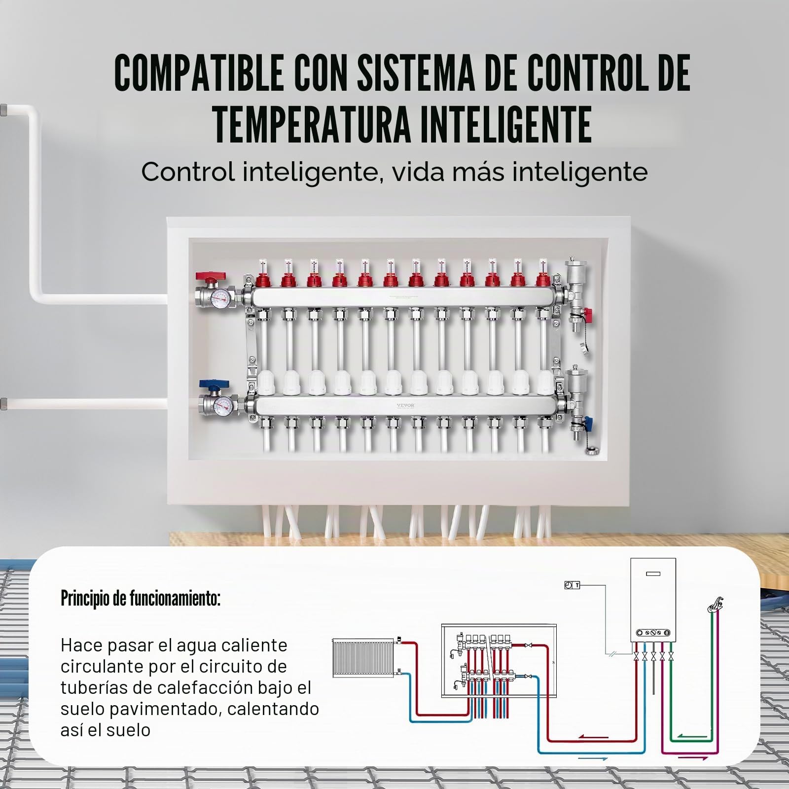 VEVOR Colector de Calor Radiante de 12 Derivaciones, Colector de Tubería PEX de Acero Inoxidable SUS304 para Calefacción por Suelo Radiante Hidrónico, con Adaptadores, 780 x 370 x 110 mm, 0-5 L/min