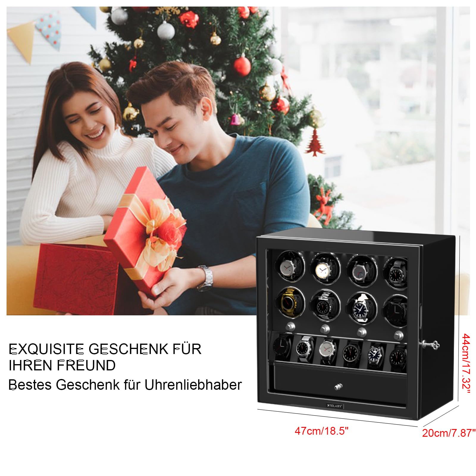 XTELARY Uhrenbeweger,Abschließbarer Uhrenbeweger für 2/4/6/8 mit 4 Rotationsmodi, Speicherplätzen,Aufbewahrungsschublade, Weißes LED-Licht Superleiser Motor und Federuhrkissen für Herren und Damen
