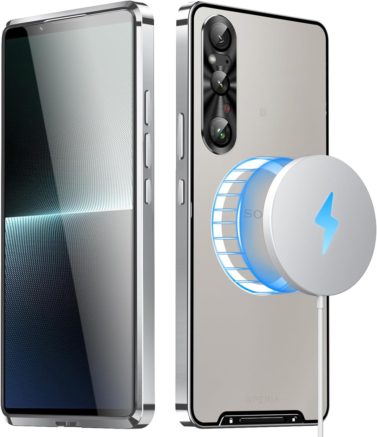 Metal Case for Sony Xperia 1 VI (2024), Military-Grade Metal Bumper Shockproof Translucent Cover Matte PC Back Cover with Magnetic Wireless Chager Camera Lens Protection (Silver)