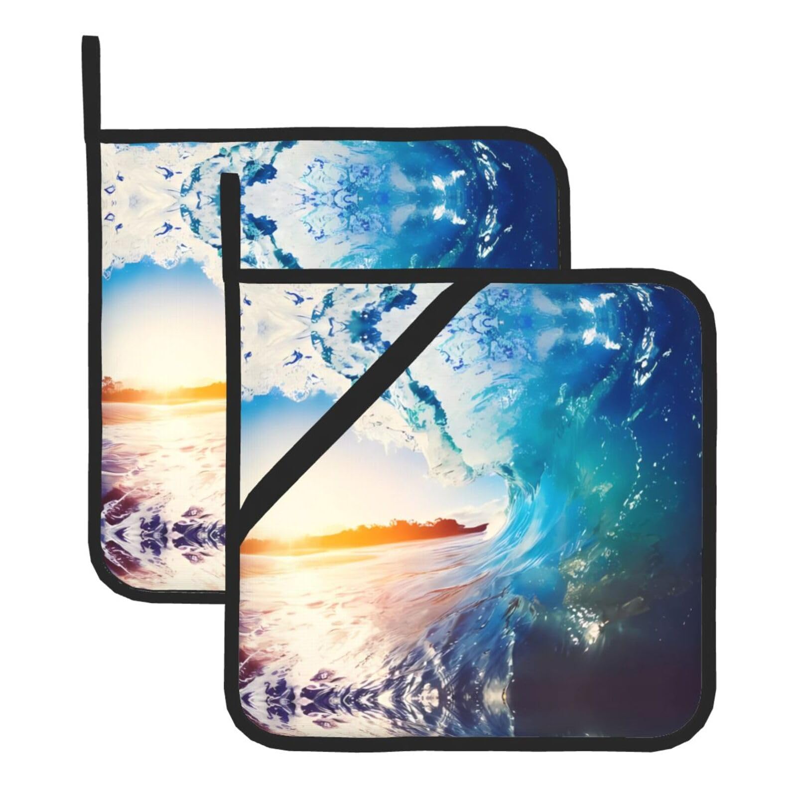 Whjssf Sunset Sea Surfing Seascape Prints Square Hot Pads For Kitchen - Waterproof Trivets, Durable Pot Covers With Hanging Loops - Set Of 2 (One With Pocket)