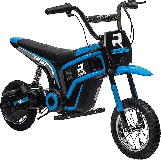 Aosom Electric Dirt Bike with Twist Grip Throttle, 24V 350W Off-Road Electric Motorcycle, Up to 15 MPH with Brake, Music Horn, Rear Suspension for Ages 13+ Years, Blue