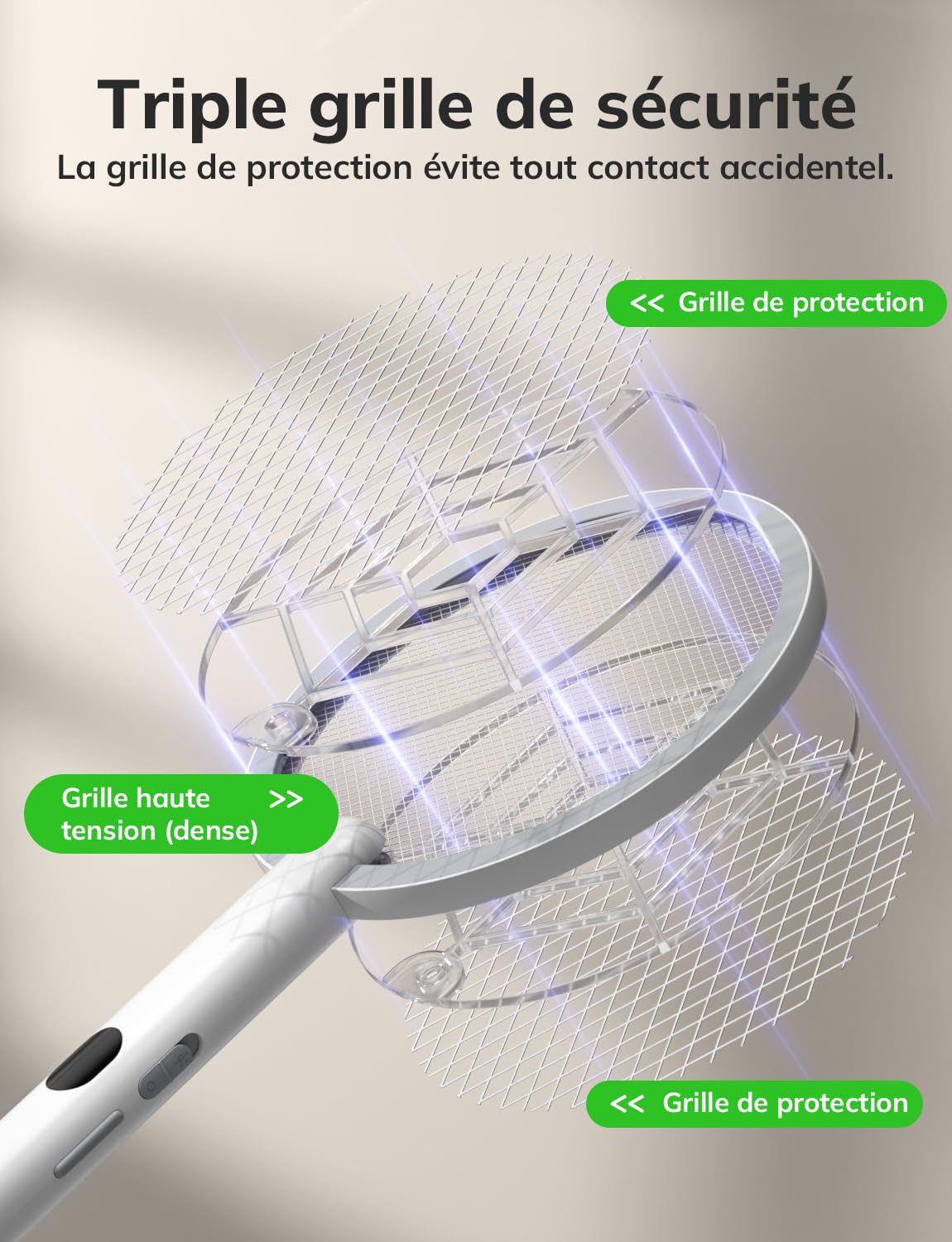 YISSVIC Raquette Electrique Insectes 1800mAh Raquette Anti Moustique 4000V Tapette à Mouche Puissante ave Base Lumineuse Rechargeable USB-C Élimine Moustiques Mites Fourmis Volantes (Blanc)