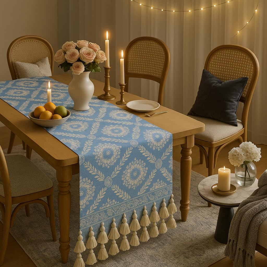 WWW.THROWPILLOW.IN Powder Blue Floral Boho Table Runner with Tassels & Kowri 13x72 Inches | Fits 5 Feet TV Unit Cabinet, Center Table, Coffee Table, Dining Table, Entry Console| Diwali Festive Decor 3