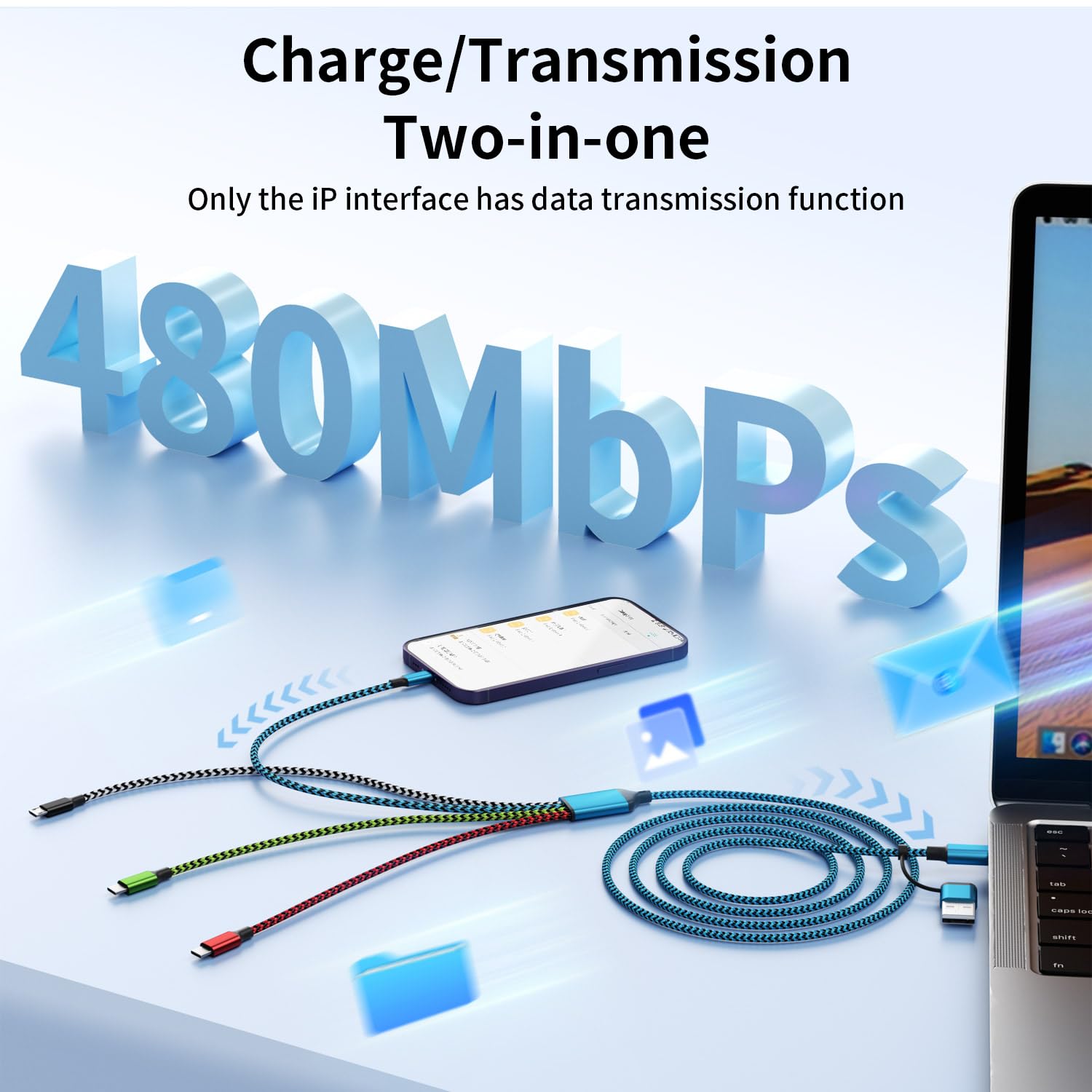 Cable de carga USB A + USB C 4 en 1, (2 unidades de 5 pies) cables de carga universales para todos los dispositivos, adaptador de cable USB universal, 2 puertos USB-C/IP/micro para teléfonos celulares