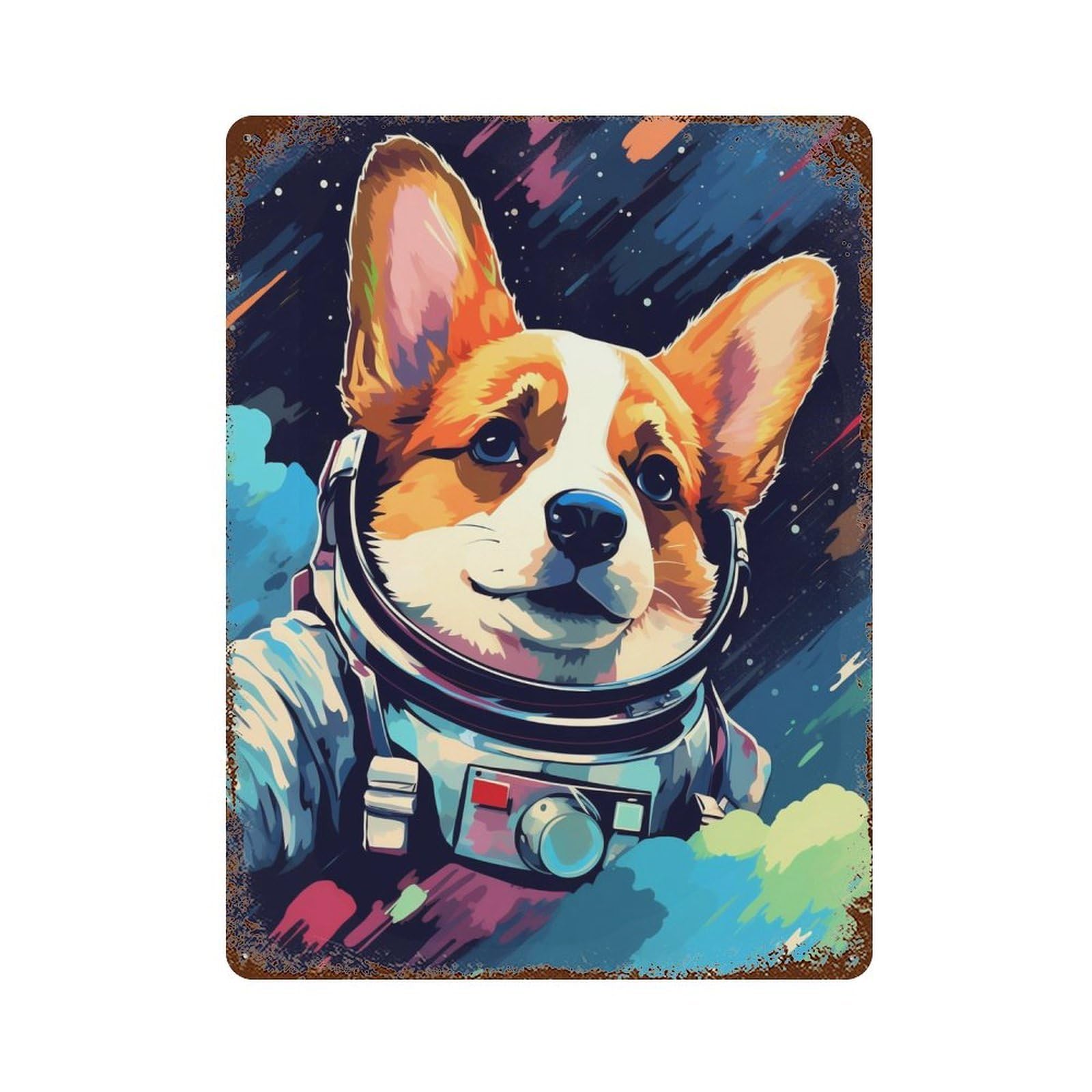 Rust Effect Corgi Astronaut in Space Vintage Rust Metal Sign 15.7"x11.8", Decorative Metal Wall Art for Shed, Workshop And Garage Wall Decor