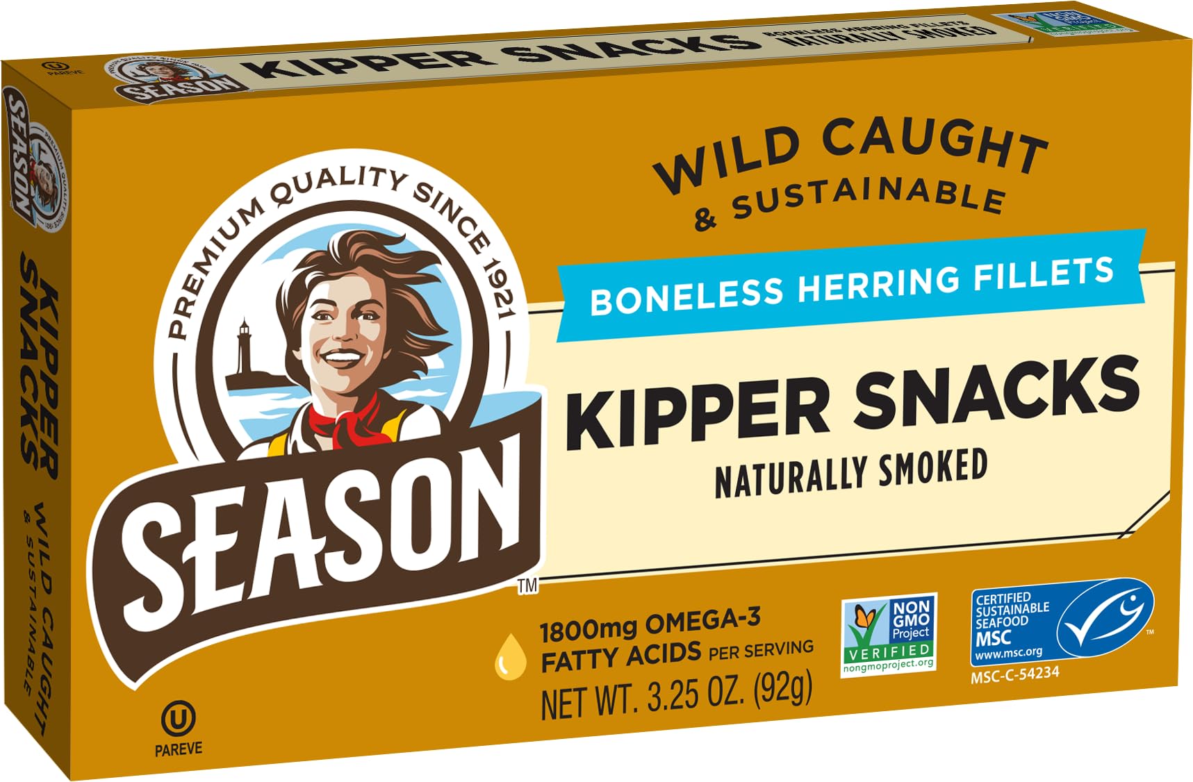 Season Kipper Snacks - Boneless Herring Fillets, Naturally Smoked Fish, Wild Caught, Keto Snacks, Non-GMO, Certified Sustainable Seafood, Non-GMO, 18g of Protein, 1800mg of Omega-3-3.25 Oz, 12-Pack