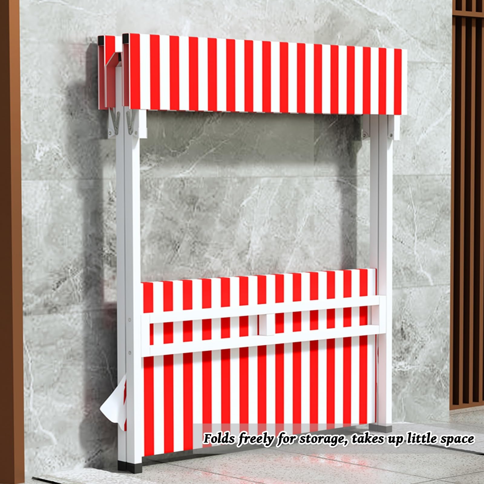 Carrello con tettoia a righe, chiosco mobile per mercatino, 4 ruote e parasole, protezione da vento e pioggia
