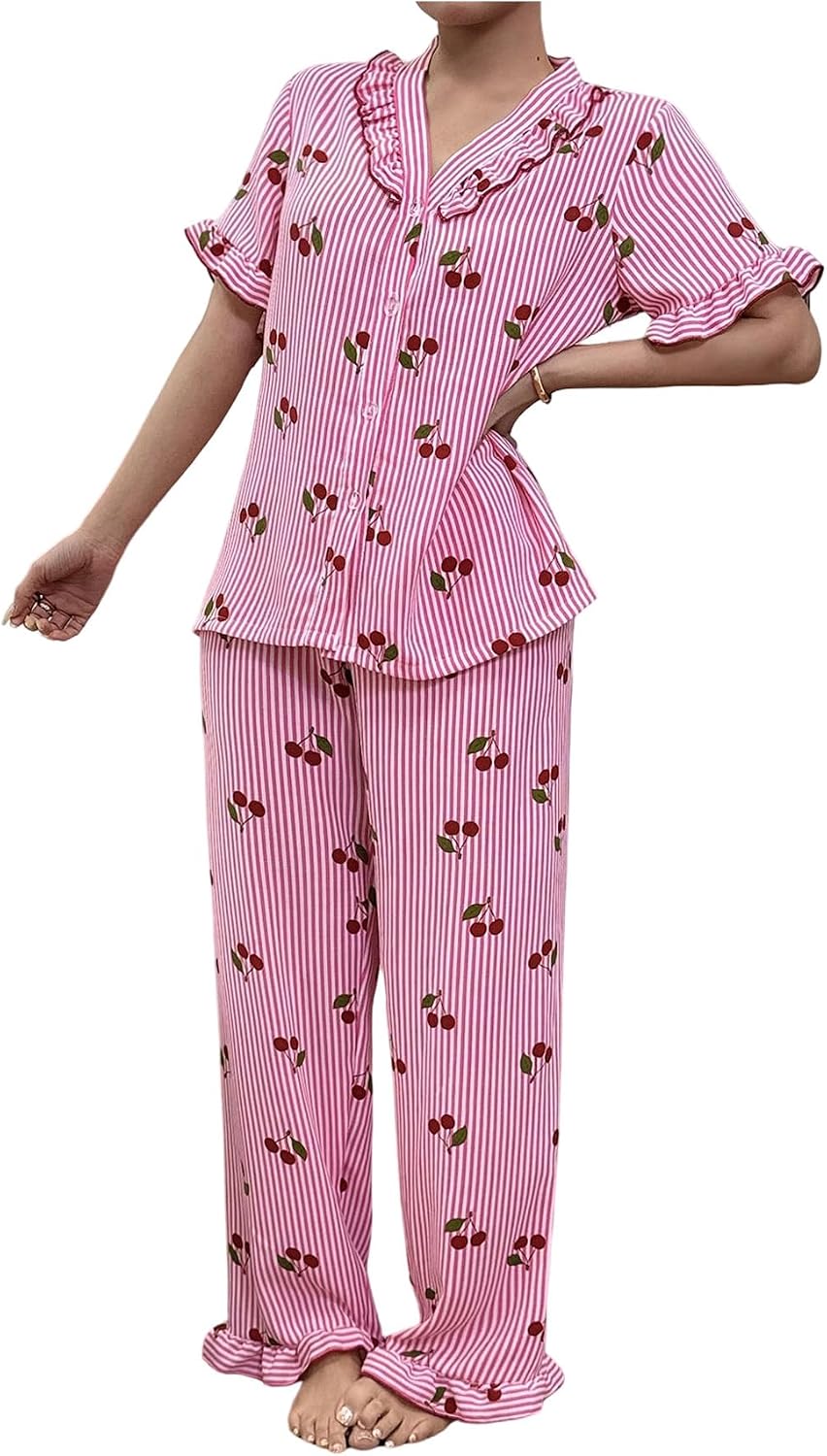 WDIRARA Women's Cherry Print Striped 2 Piece Pajama Set Long Sleeve Button Down Pants Pjs Set Sleepwear