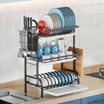 BCWW Black Dish Drying Rack, 3 Tier Stainless Steel Dish Drainers for Kitchen Counter with Drain Tray, Chopsticks Rack, Knife Holder, Dish Racks for Kitchen Counter Storage