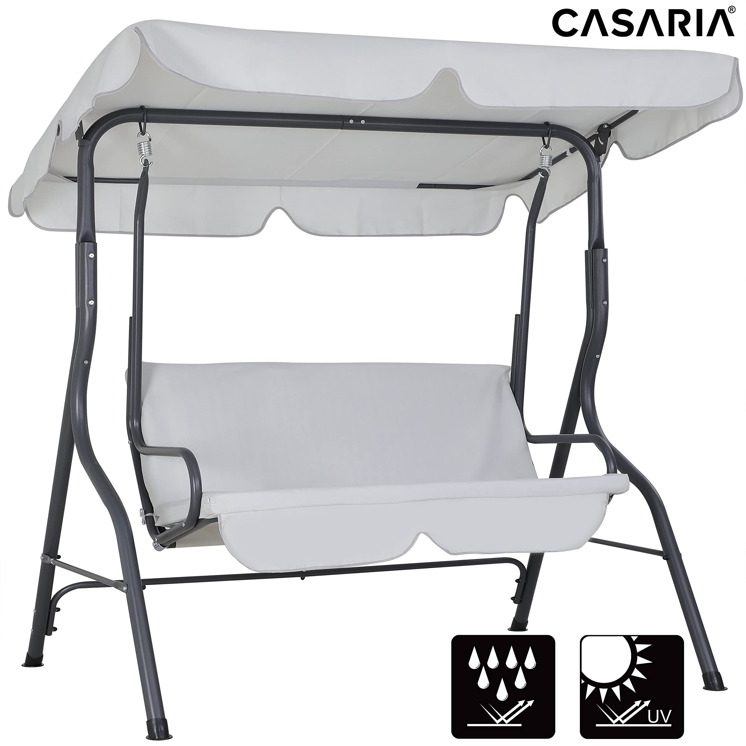 CASARIA® Hollywoodschaukel 2 Sitzer wetterfest Hellgrau 200kg Belastbarkeit Rückenlehne Dach Verstellbar Anti-Rutsch-Füße Garten Terrasse Gartenschaukel 140x112cm