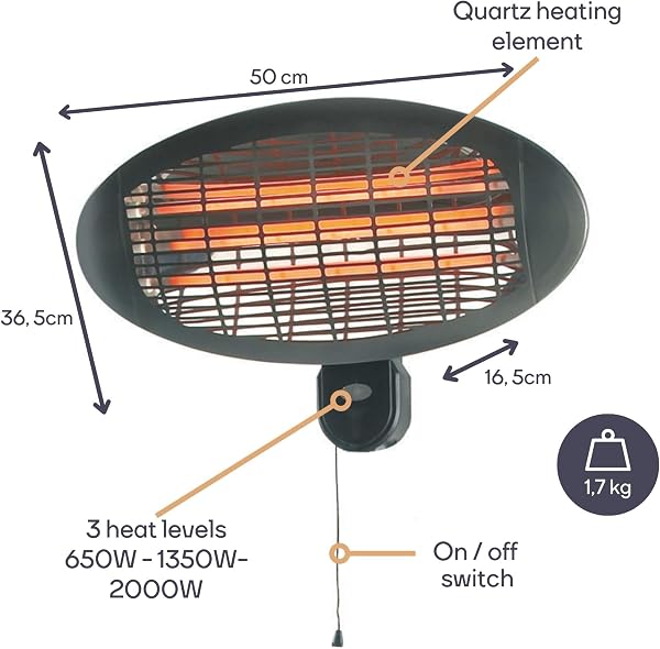 Perel Calefactor de terraza 2000W cuarzo, IP34 resistente al agua, montaje mural con cordón, 3 niveles de calor, inclinable 45°, calefactor exterior para terraza balcón porche jardín negro - 5