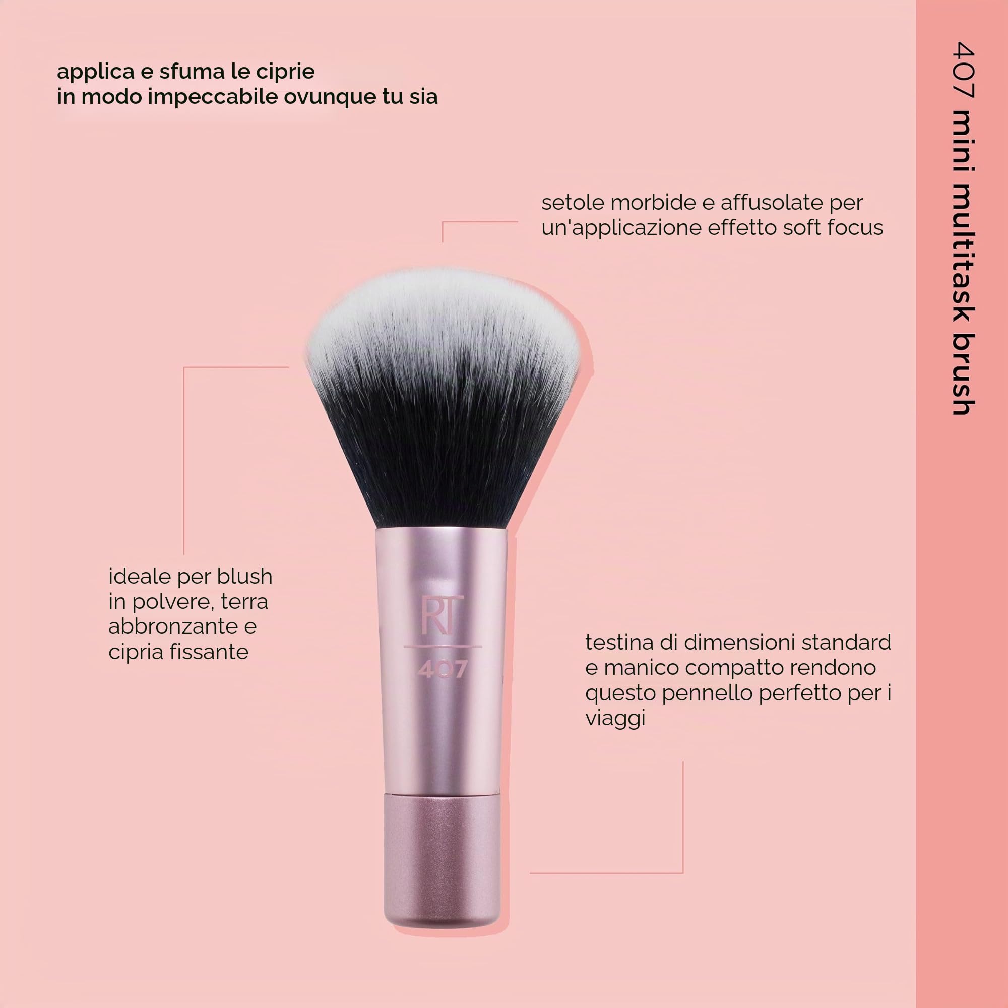 Real Techniques Mini pennello da trucco multiuso, per fard, bronzer e cipria, pennello per il viso con setole sintetiche tagliate su misura, 1 confezione