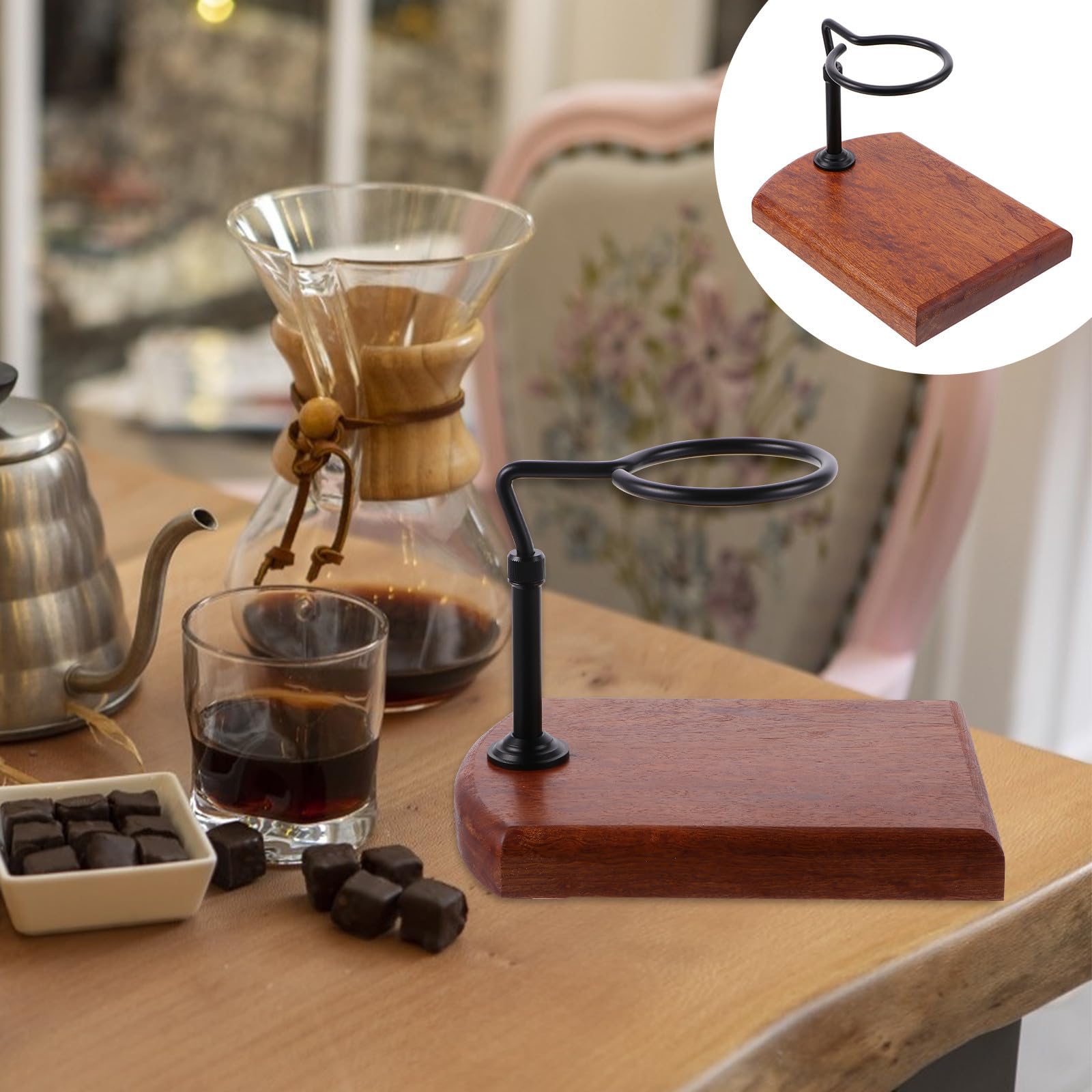Support Réglable Porte-filtre à Café en Bois et Aluminium Noir