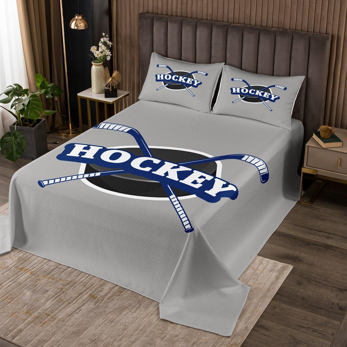 jejeloiu Ice Hockey Quilted Coverlet Ice Sports Games Bedspread for Kids Boys Girls Teens Room Decor Hockey Grey Coverlet Set Twin Size Winter Sports 2Pcs Breathable Soft Lightweight Microfiber