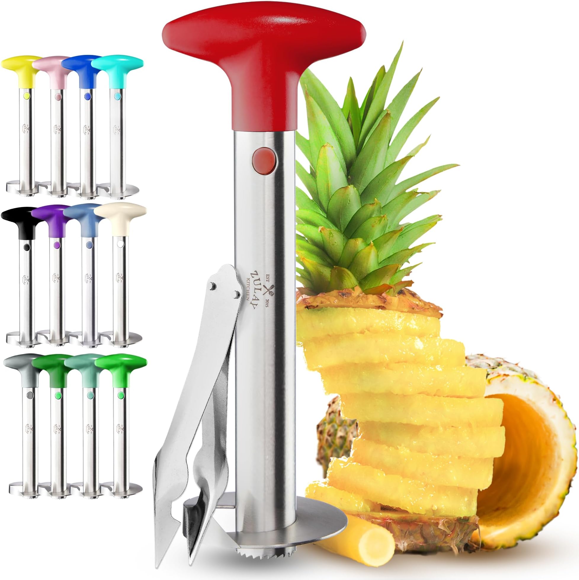 Zulay Kitchen Stainless Steel Pineapple Corer & Slicer – Heavy Duty Pineapple Cutter & Eye Removal Tool – Effortless Core Remover Tool with Sharp Reinforced Blade & Ergonomic Handle - Red