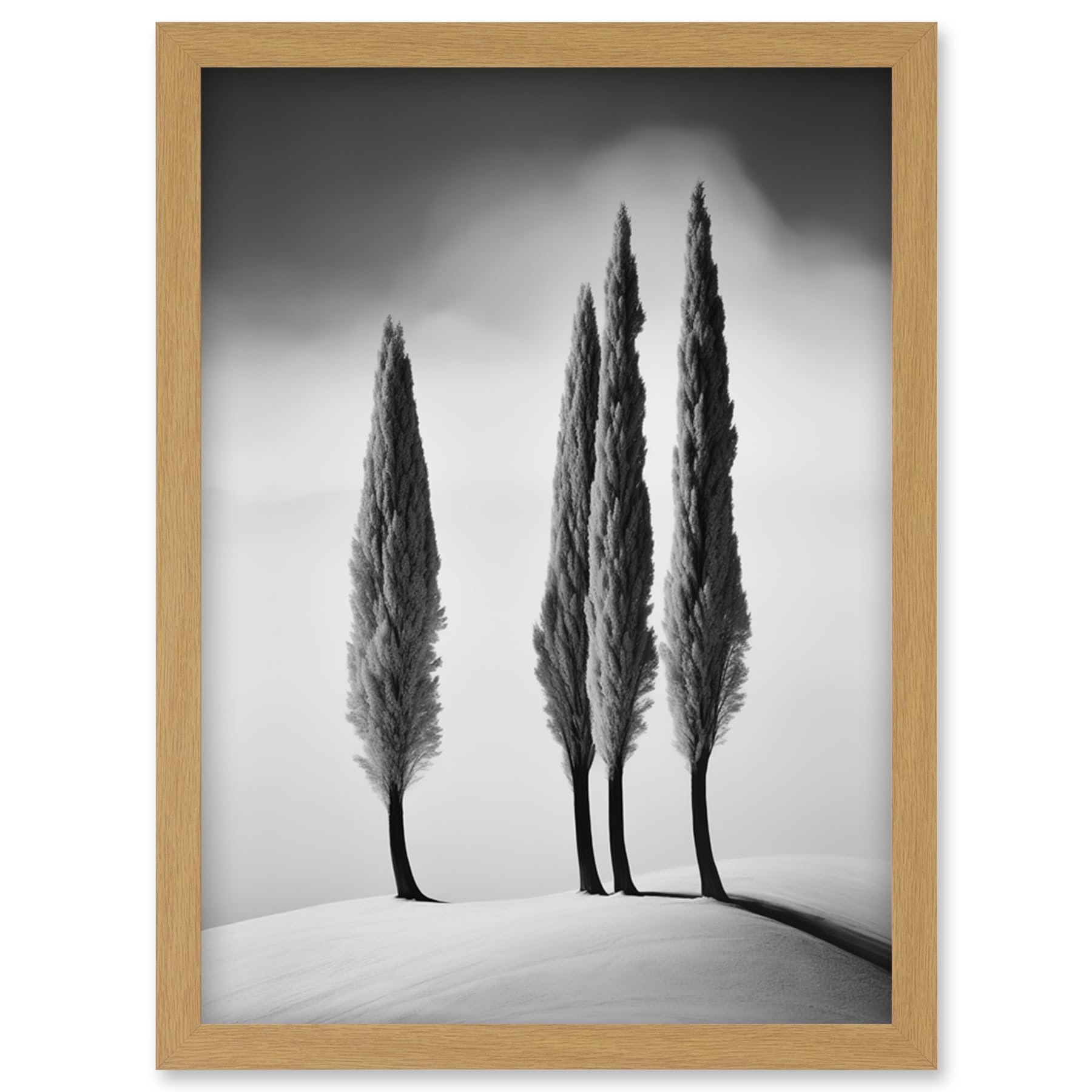 Artery8 Group of Cypress Trees on Snowy Hill Minimalist Black and White Photograph Cypresses in Foggy Winter Landscape Artwork Framed Wall Art Print A4