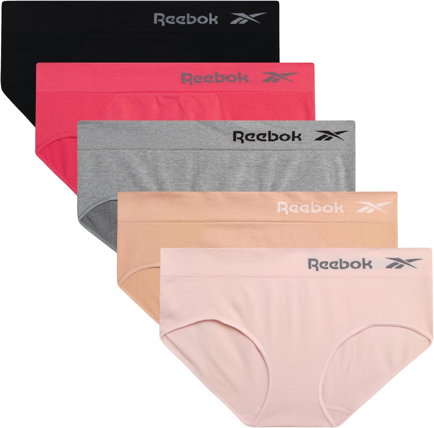 Reebok Hipster Panties for Women - 5 Pack Stretch Performance Seamless Underwear with Relaxed Tag-Free Waistband (S-XL)