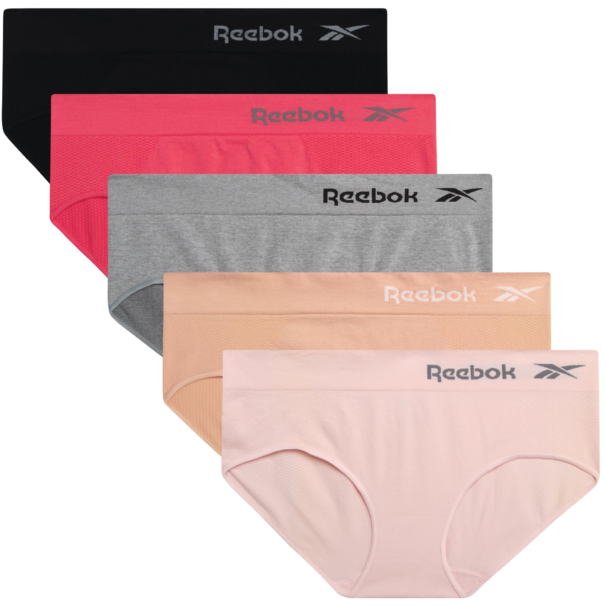 Reebok Women's Underwear - Seamless Hipster Briefs (5 Pack), Size Medium, Light Grey/Pink/Black