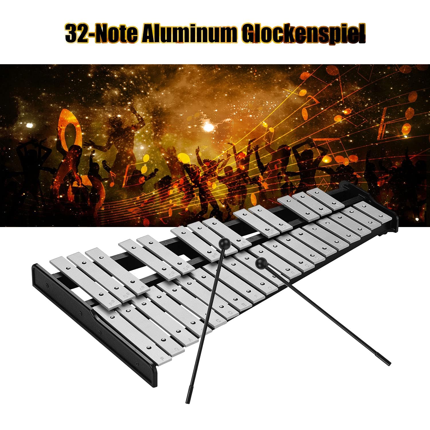 Ejoyous Instruments à 32 Notes Glockenspiel avec Base en Bois et Barres en Aluminium, Son Clair pour Enfants Adultes Débutants Mélomanes, Instrument de Percussion pour Enfants âgés et