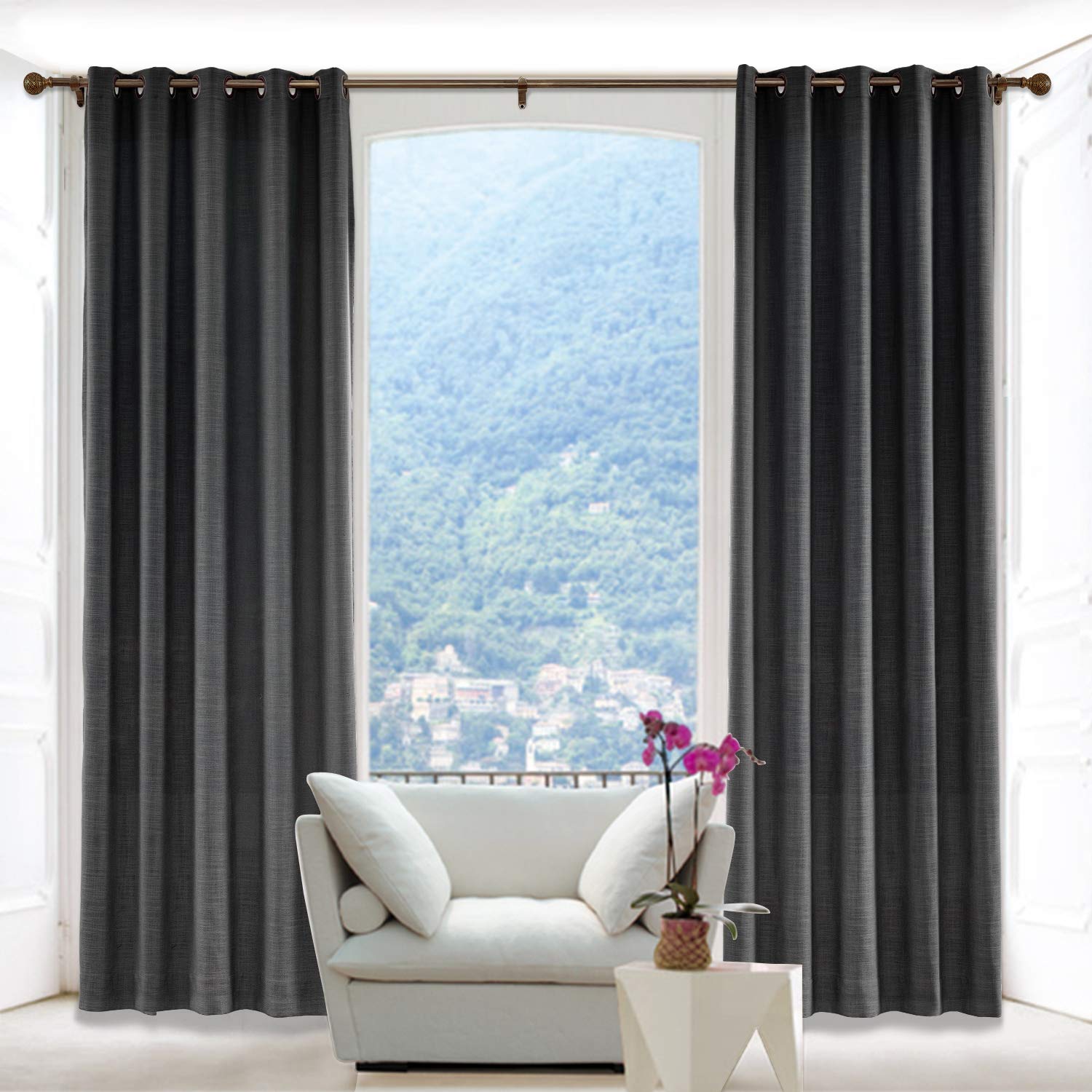 Macochico Extra Long Blackout Linen Curtains Bronze Grommet Top Drapery Panel for Bedroom Traverse Rod Or Track, Living Room Theater Patio Door,Black 84W x 108L (1 Panel)