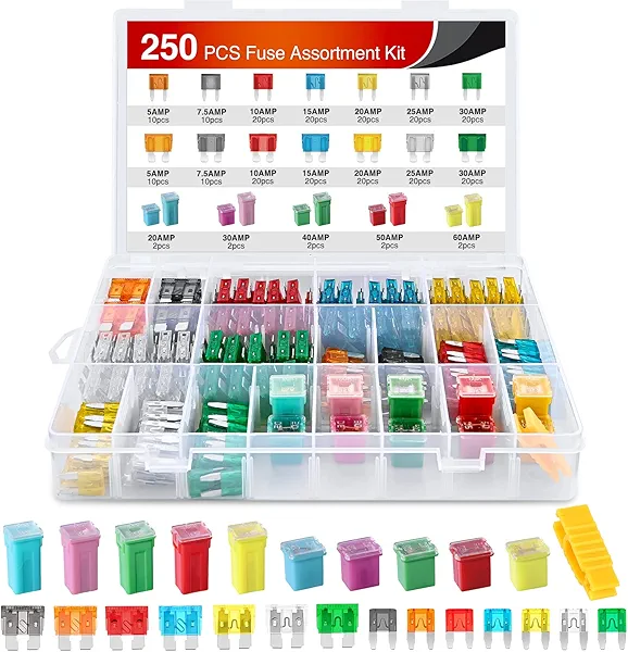 Nilight Blade Jcase Car Fuse Assortment Kit 5A 7.5A 10A 15A 20A 25A 30A Standard Mini Fuses 20A 30A 40A 50A 60A Low Tall STD Profile Fuses for Car Truck, 2 Years Warranty, 250PCS Fuses + Box fuses