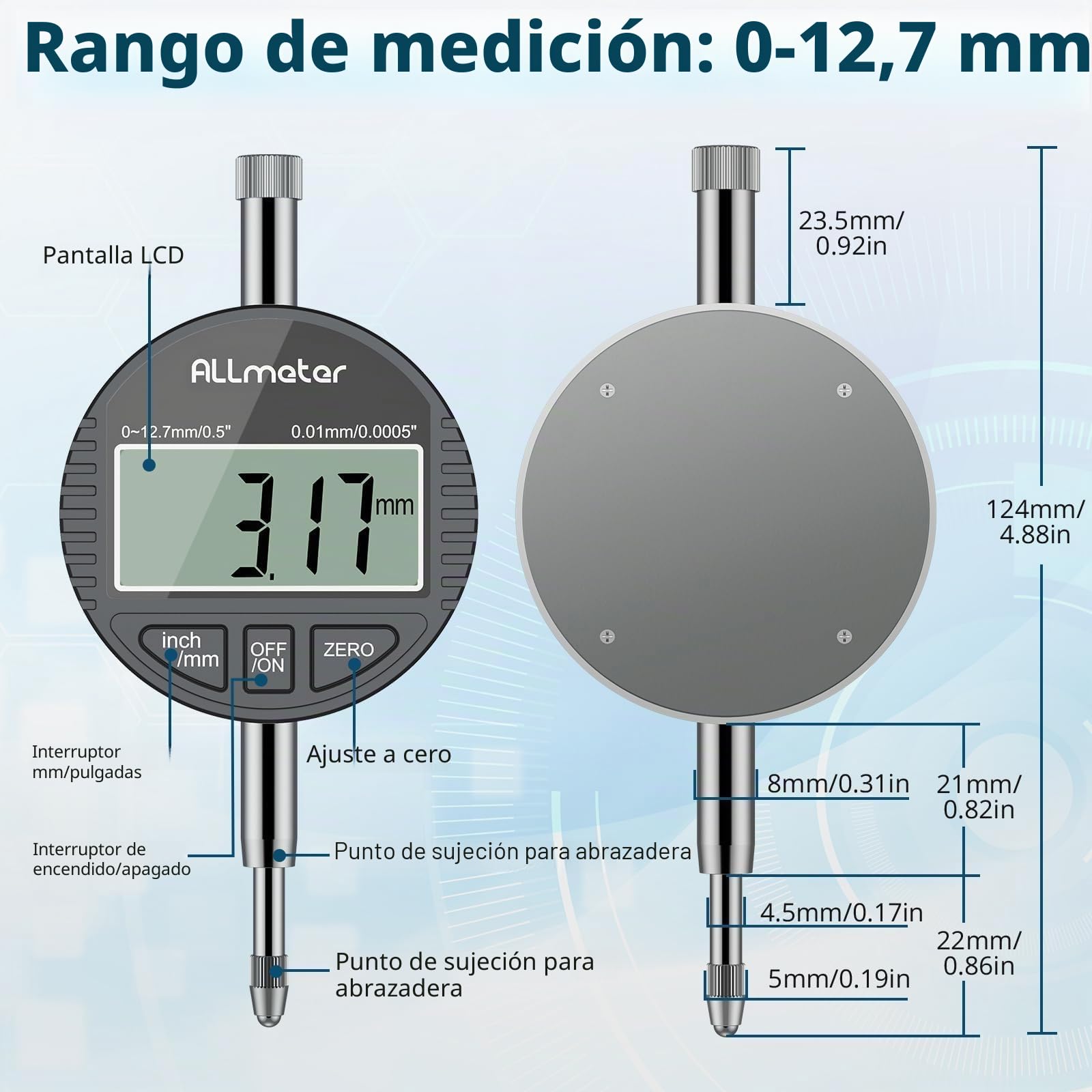 Indicador de Diámetro 0.01mm/0.0005” Indicador Dial Digital Reloj Comparador 50-160mm(2-6inch) con Dial Autocentrante para Cilindros Calibre