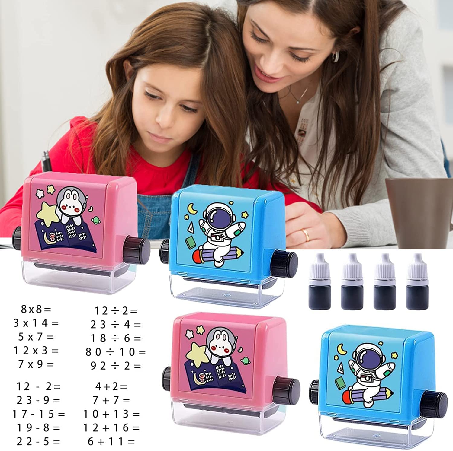 4 Pcs Math Roller Stamps for Kids, Addition and Subtraction Teaching Multiplication Division Stamps, Smart Math Practice Within 100, for Preschool Kindergarten Preschool Teaching Supplies