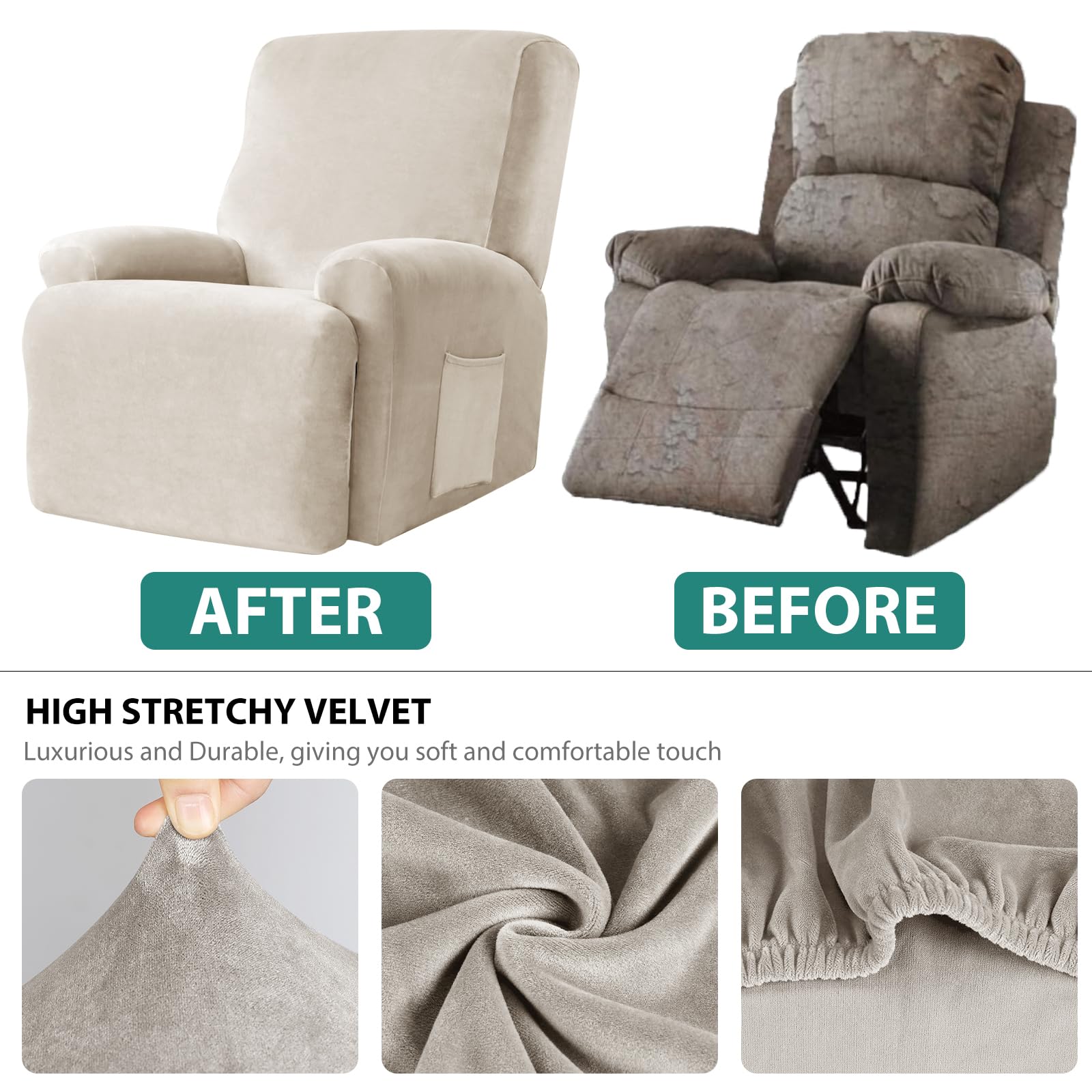 Leorate Velvet Recliner Chair Cover with Side Pocket - Image 3