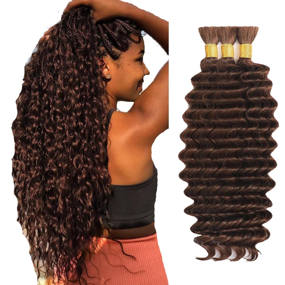 Evaxilc #4 Chocolate Brown Human Braiding Hair for Boho 50g/Bundle 30 30 30 Inch Deep Wave No Weft Boho Braiding Human Hair Extension 3 Bundles/Pack For Women