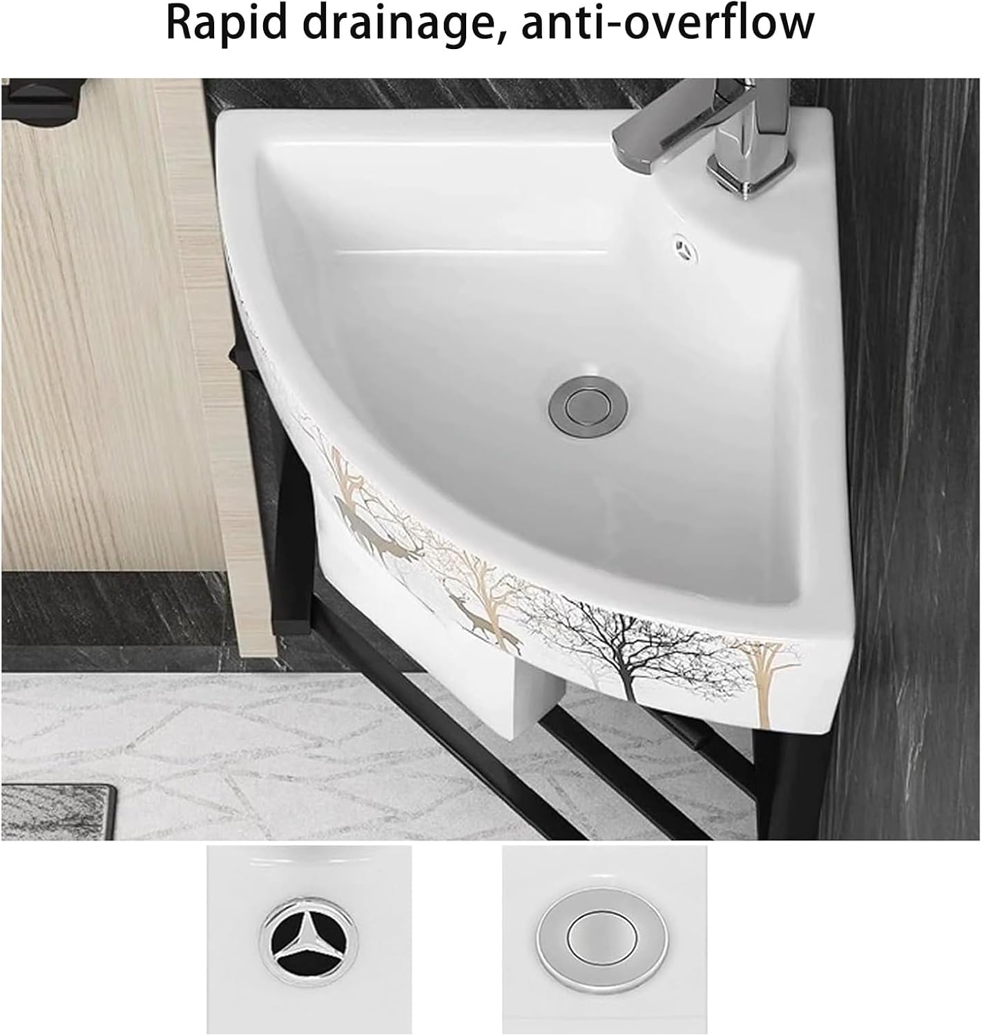 Wall Mount Corner Ceramic Sink Corner Bathroom Vanity Bathroom Sinks with Storage Container Modern Bathroom Storage Cabinet for Small Space Bathroom Cabinet with Faucet and Drain(A)