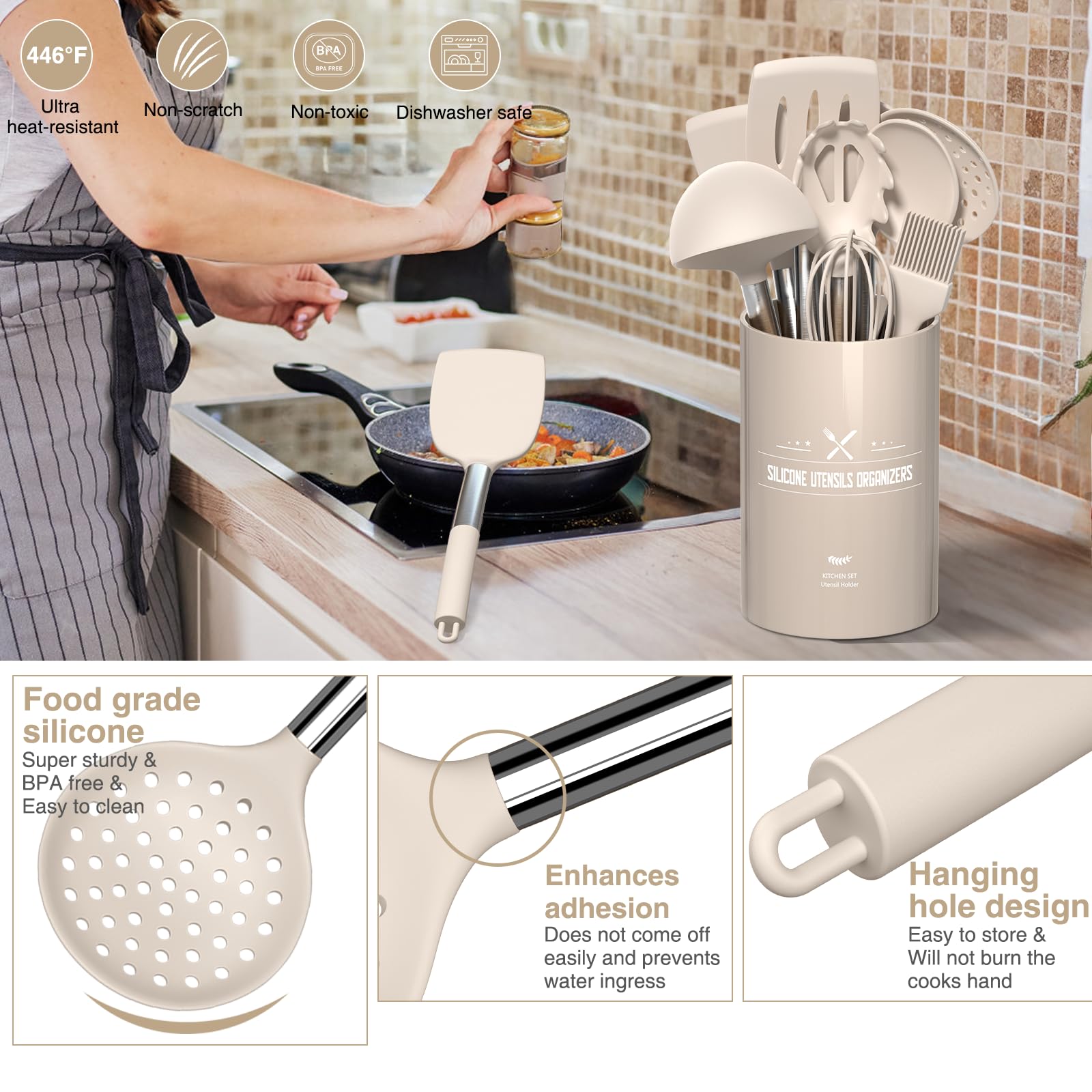 AIKKIL Set di utensili da cucina in silicone resistente al calore, spatole con supporto, set di 30 utensili da cucina kaki per pentole antiaderenti (senza BPA)