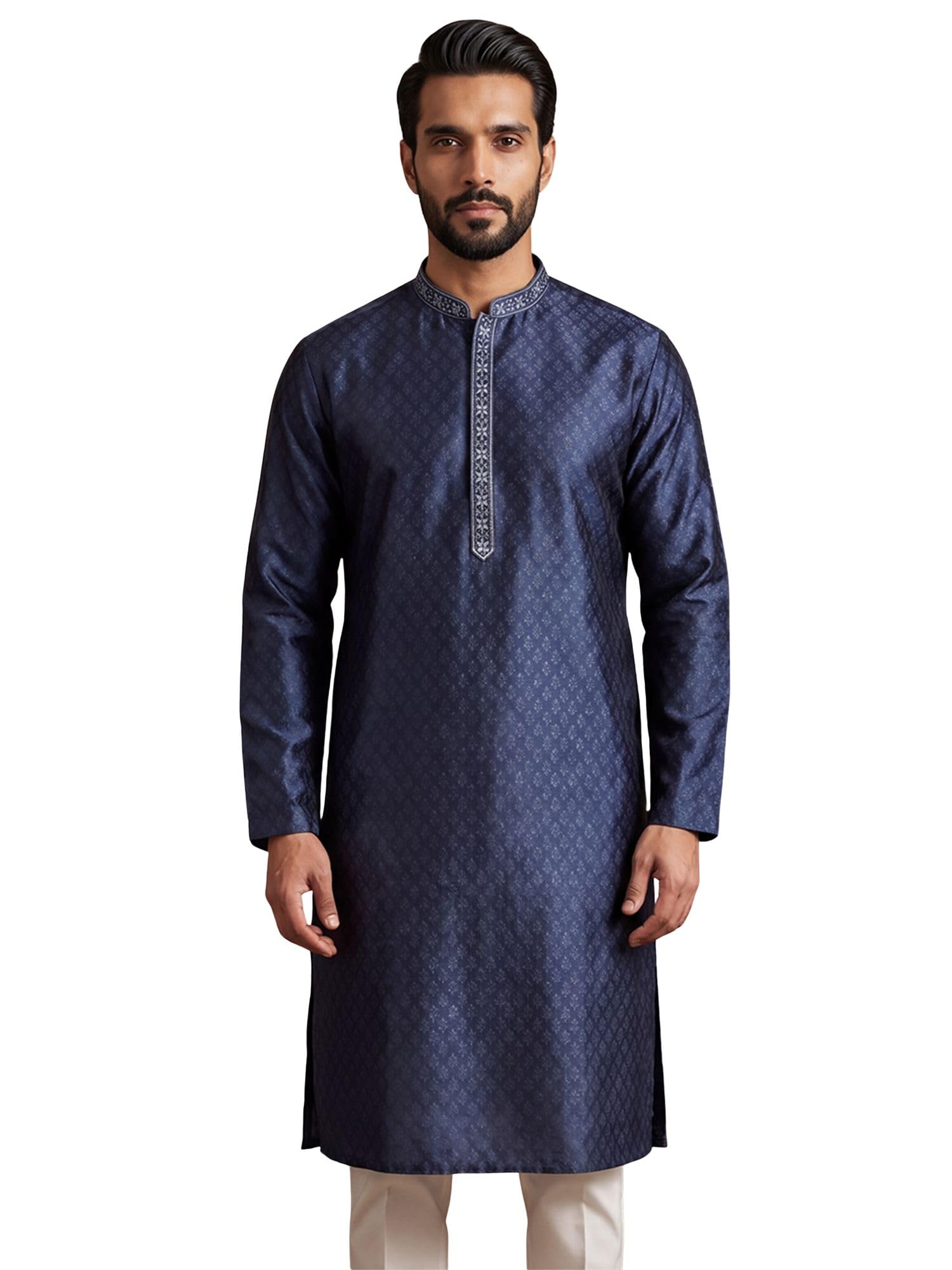 Men's Blue Jacquard Woven Design Solid Calf Length Kurtas | Men | Solid Kurtas for Mens | Straight Fit Kurta for Men's-image-5