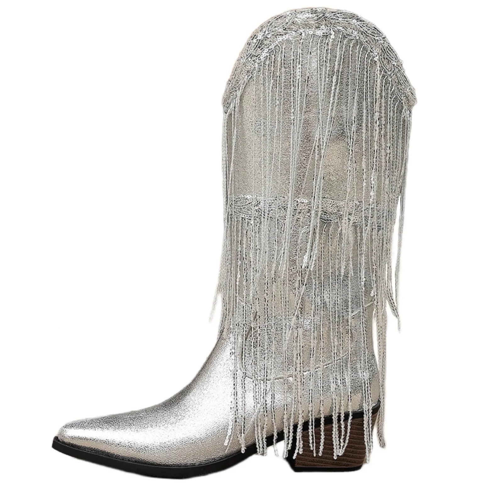 Stivali Texani Donna Stivali da cowboy argento scintillanti con nappe lunghe, punta western, stile motociclista tacco basso grosso