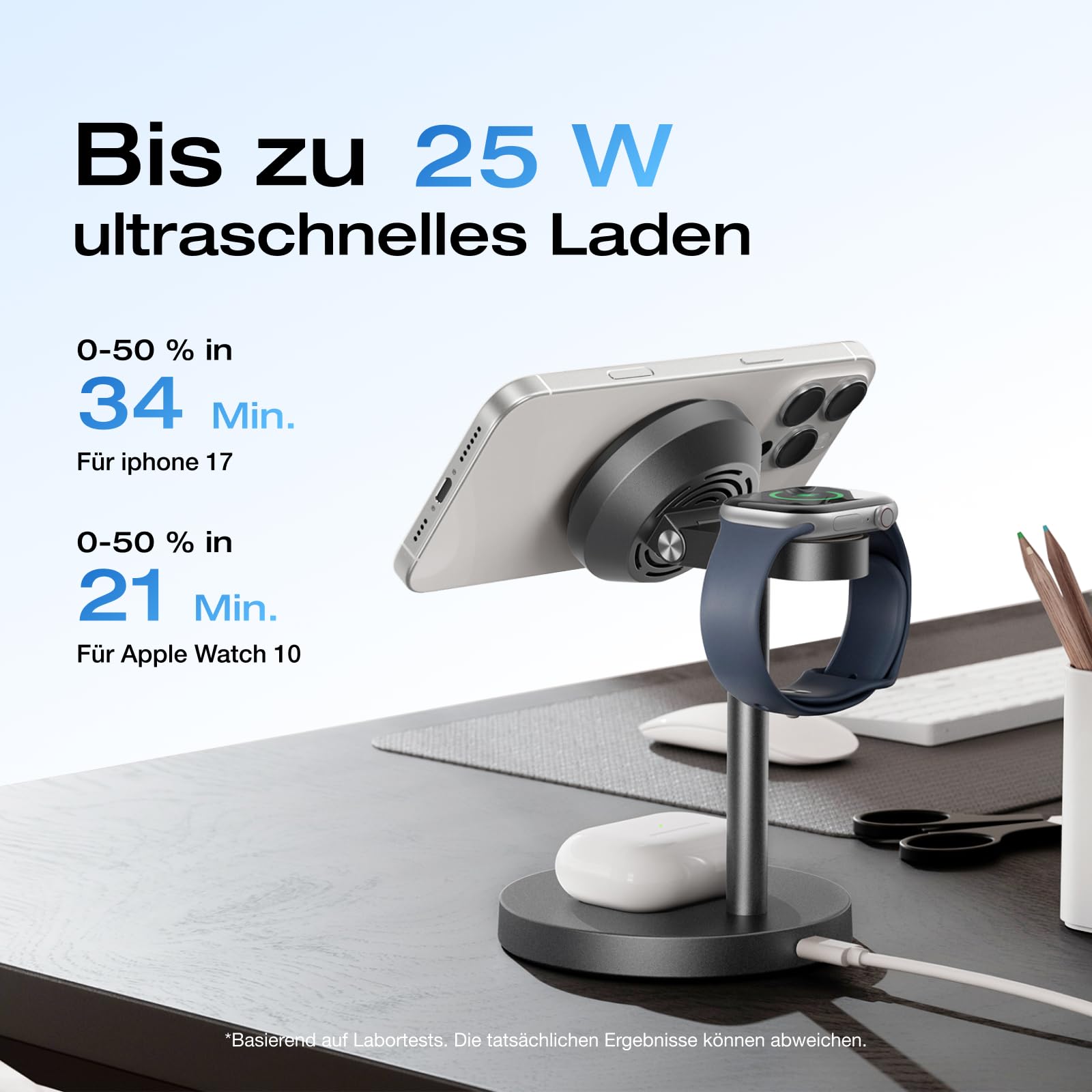 EcoFlow 3 in 1 Qi2 Magsafe Apple Ladestation mit Verstellbarer Ständer, Kabellose iPhone Ladestation Magnetisches Kabelloses Ladegerät 15W für iPhone 17/16/Series, Apple Watch und AirPods, Schwarz
